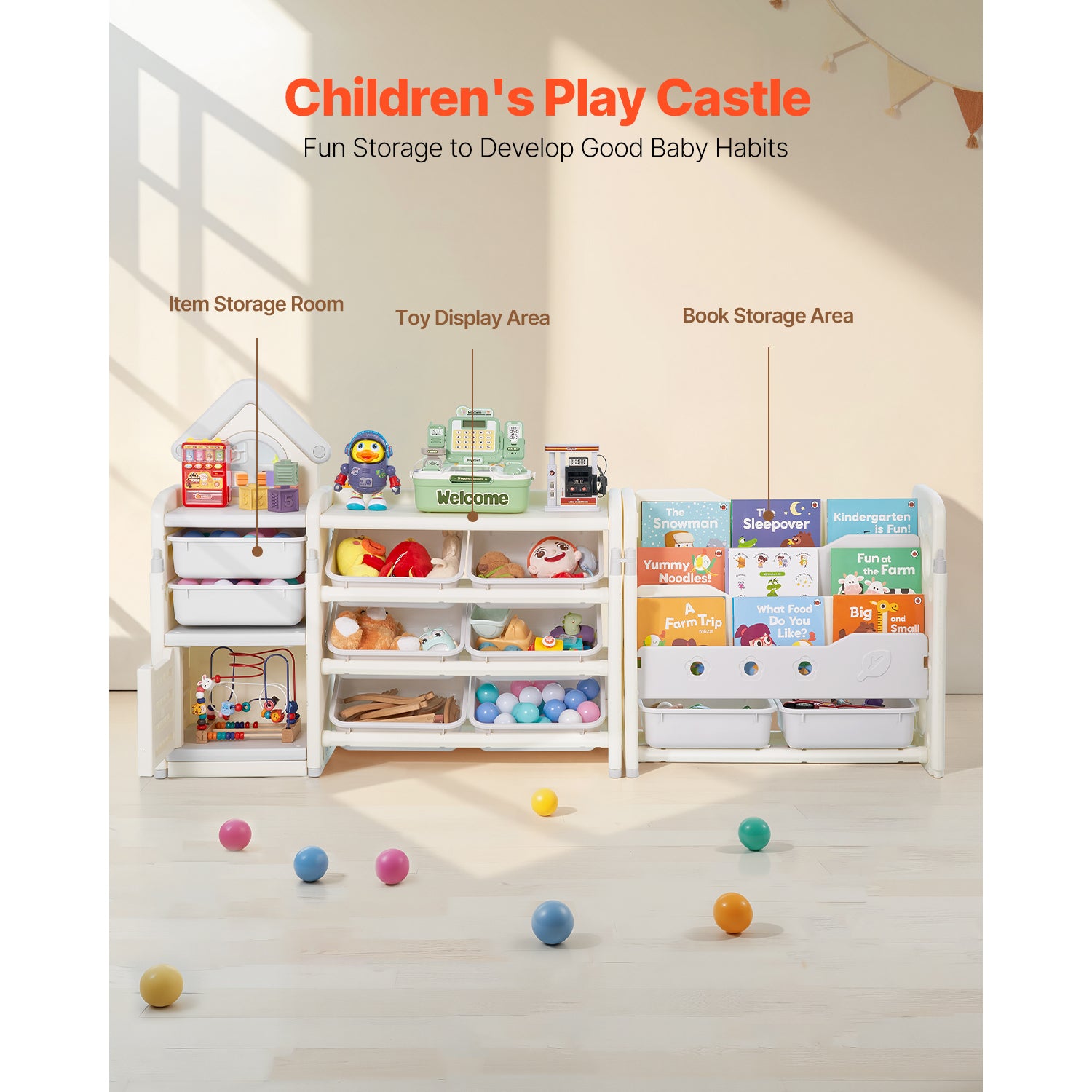 Kids Toy Storage with Bookshelf, 4-Tier Toy Storage Organizer with 10 Movable Plastic Bins, Kids Cubby Cabinet with Bookshelf