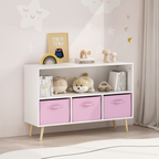 Modern Kids Bookcase with Collapsible Fabric Drawers, Children's Book Display & Toy Storage, White/Pink MDF & Pine Legs - Gra