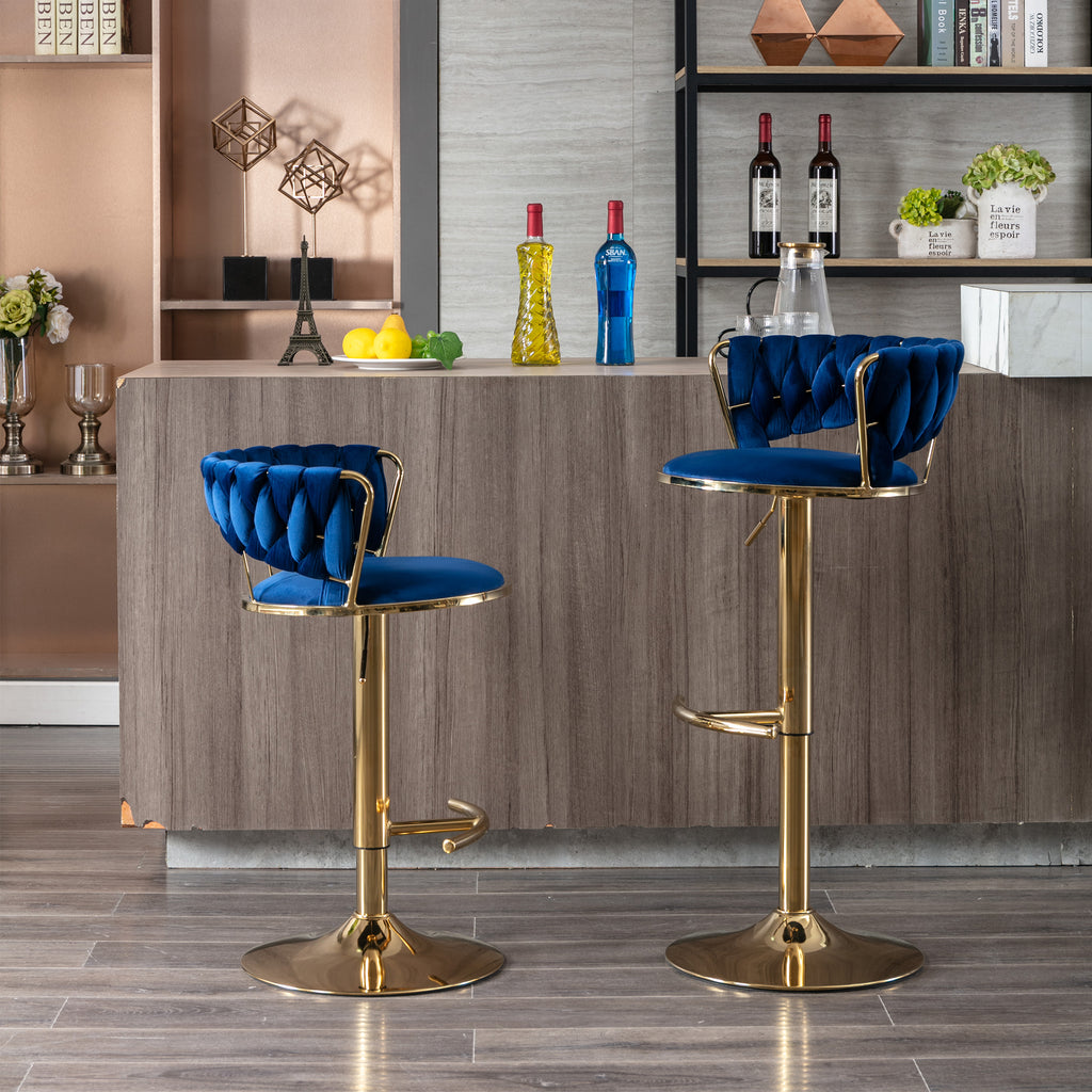 Set of 2  Bar Stools,with Chrome Footrest and Base Swivel Height Adjustable Mechanical Lifting Velvet + Golden Leg Simple Bar Stool-BLUE - Grand Goldman Shop