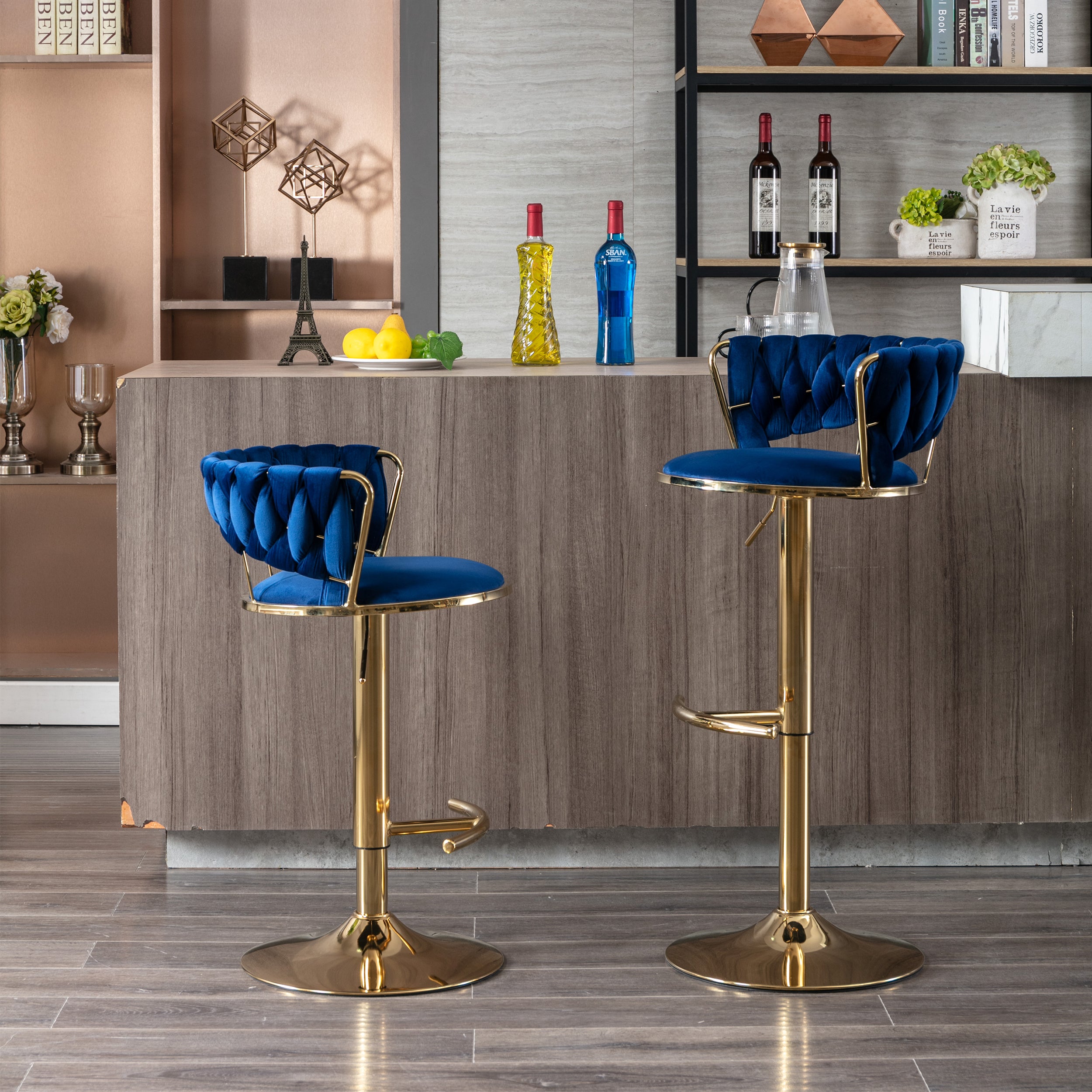 Set of 2  Bar Stools,with Chrome Footrest and Base Swivel Height Adjustable Mechanical Lifting Velvet + Golden Leg Simple Bar Stool-BLUE - Grand Goldman Shop