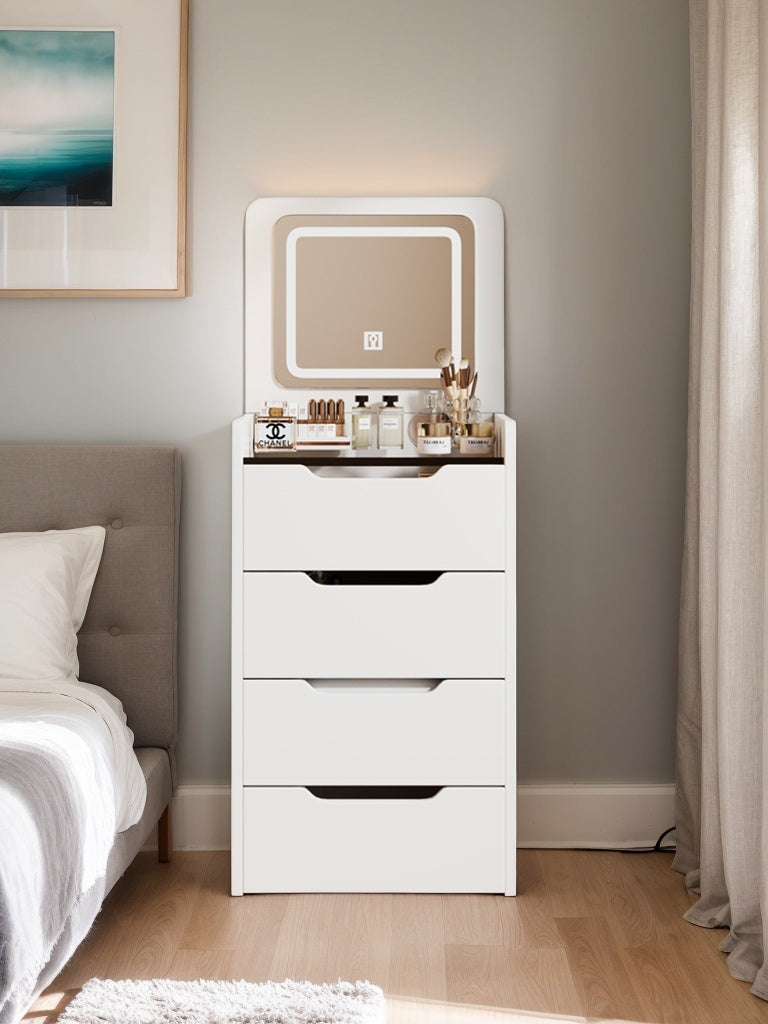 ( 48CM ) 3 in 1 Vanity Desk with Plip Top Mirror, Small Make Up Vanity Set with Visible Glass Desktop, Compact Makeup Vanity with 3 Drawers, Dressing Table for Bedroom ( WHITE COLOR ) - Grand Goldman Shop