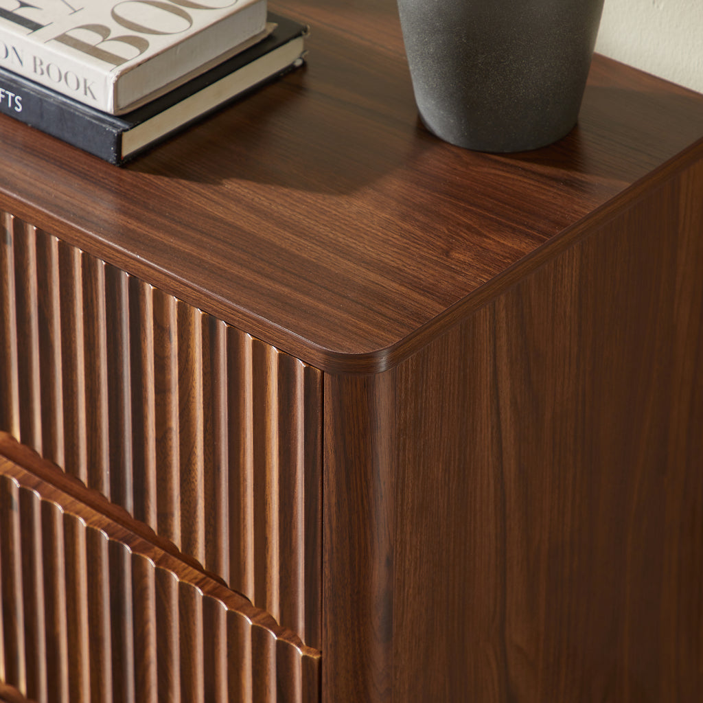 Fluted 3 Drawer Dresser Set of 2, Mid-Century Modern Tall Chest of Drawers with Vertical Grooved Design, Solid Wood Storage Cabinet with Metal Handles for Bedroom Living Room, Walnut - Grand Goldman Shop