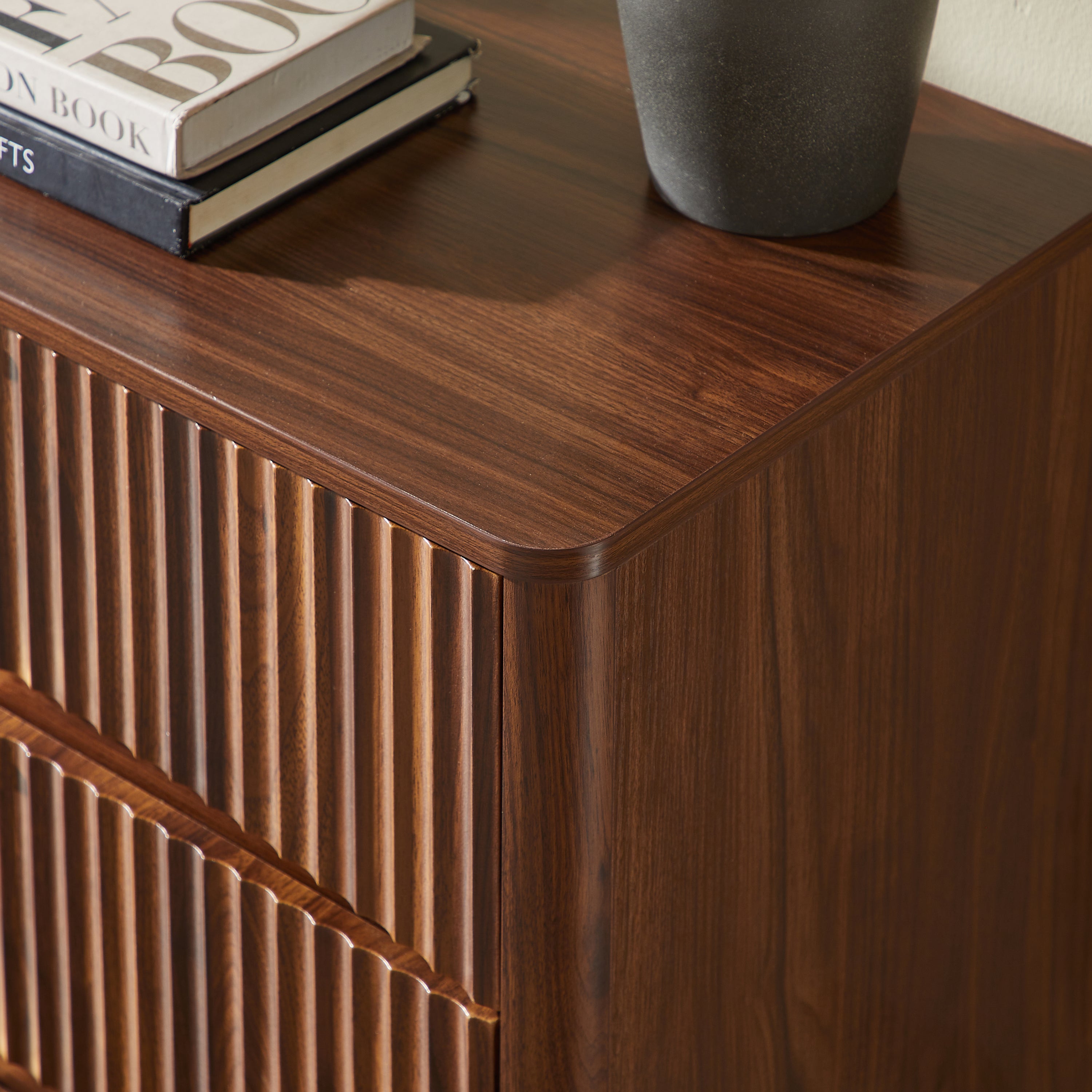 Fluted 3 Drawer Dresser Set of 2, Mid-Century Modern Tall Chest of Drawers with Vertical Grooved Design, Solid Wood Storage Cabinet with Metal Handles for Bedroom Living Room, Walnut - Grand Goldman Shop