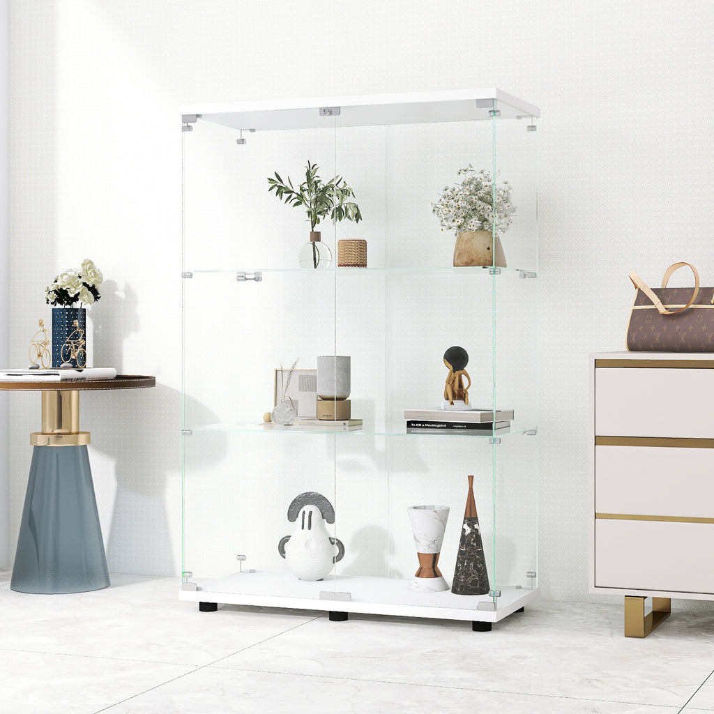 Two-door Glass Display Cabinet 3 Shelves with Door, Floor Standing Curio Bookshelf for Living Room Bedroom Office, 49.3'*31.7