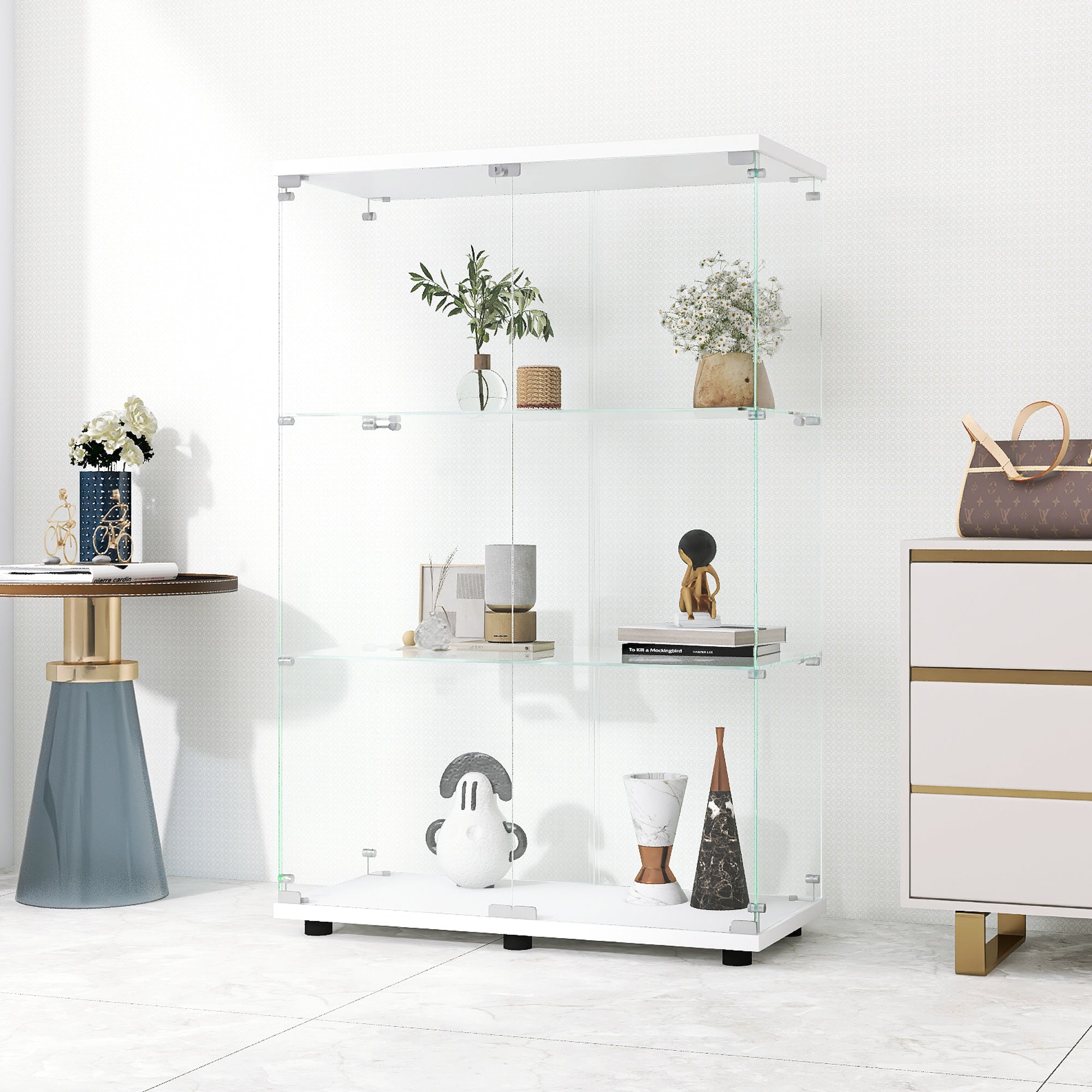 Two-door Glass Display Cabinet 3 Shelves with Door, Floor Standing Curio Bookshelf for Living Room Bedroom Office, 49.3'*31.7