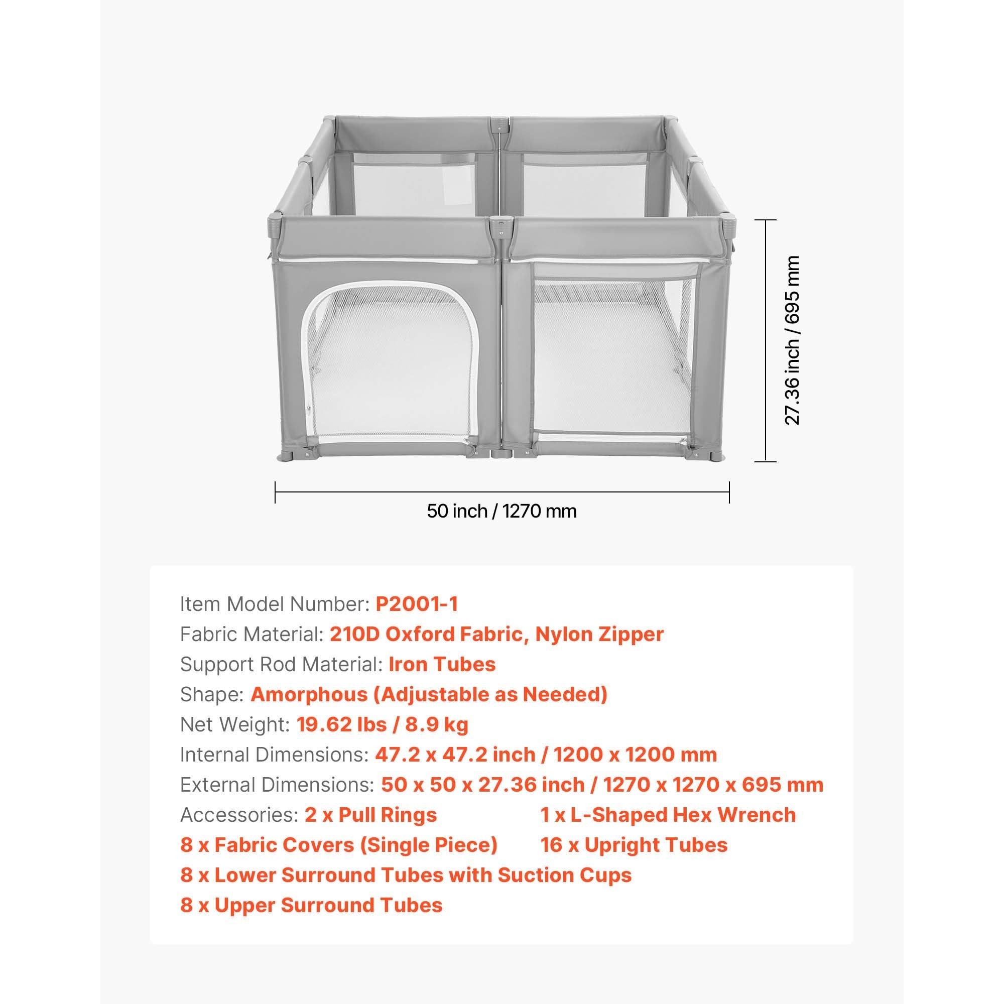 Baby Playpen, 47.2″ x 47.2″ Foldable Toddlers Playpen, Indoor/Outdoor Baby Fence Play Yard with Zippered Door & Soft Breathab