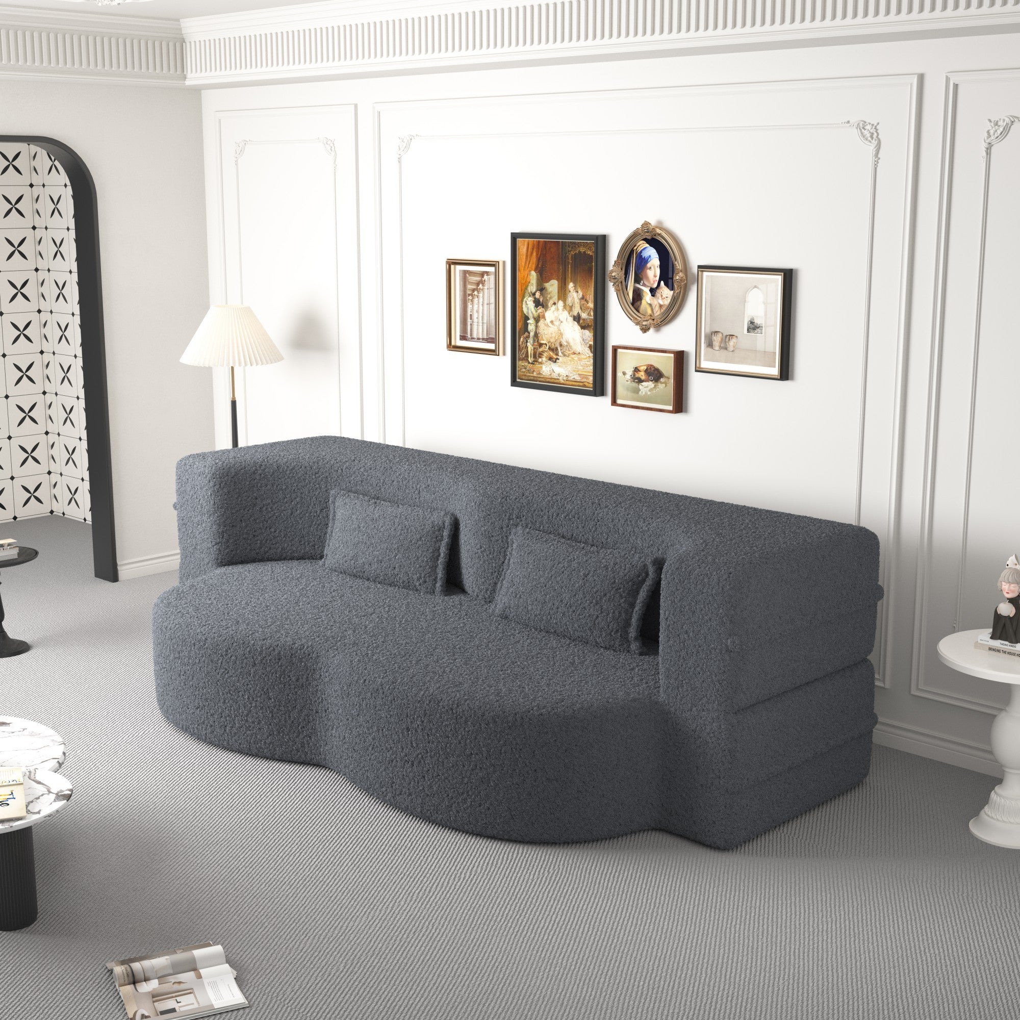 Modern Floor Sofa, with 2 Pillows, Convertible Teddy Fabric Foam Filled Bed, 15 inch Full Size Folding Mattress, Suitable for Living Room, Guest room, Game Room, Grey - Grand Goldman Shop