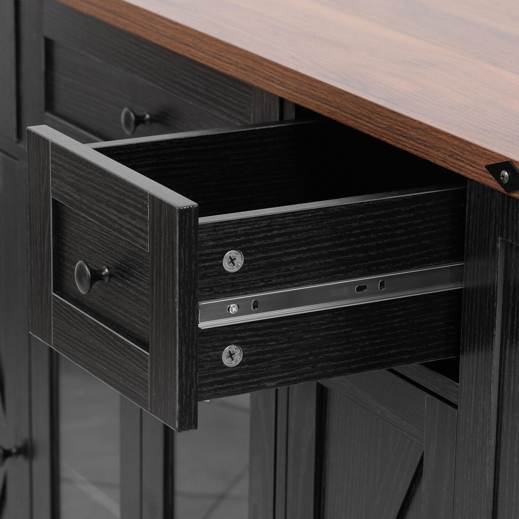 K&K 53'' Farmhouse Kitchen Island with Two Tempered Glass Cabinet Doors, Power Outlet, Rolling Kitchen Cart on Wheels with Drop Leaf, 5 Open Side Racks, 3 Drawers, for Kitchen, Dining Room, Black - Grand Goldman Shop