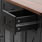 K&K 53'' Farmhouse Kitchen Island with Two Tempered Glass Cabinet Doors, Power Outlet, Rolling Kitchen Cart on Wheels with Drop Leaf, 5 Open Side Racks, 3 Drawers, for Kitchen, Dining Room, Black - Grand Goldman Shop