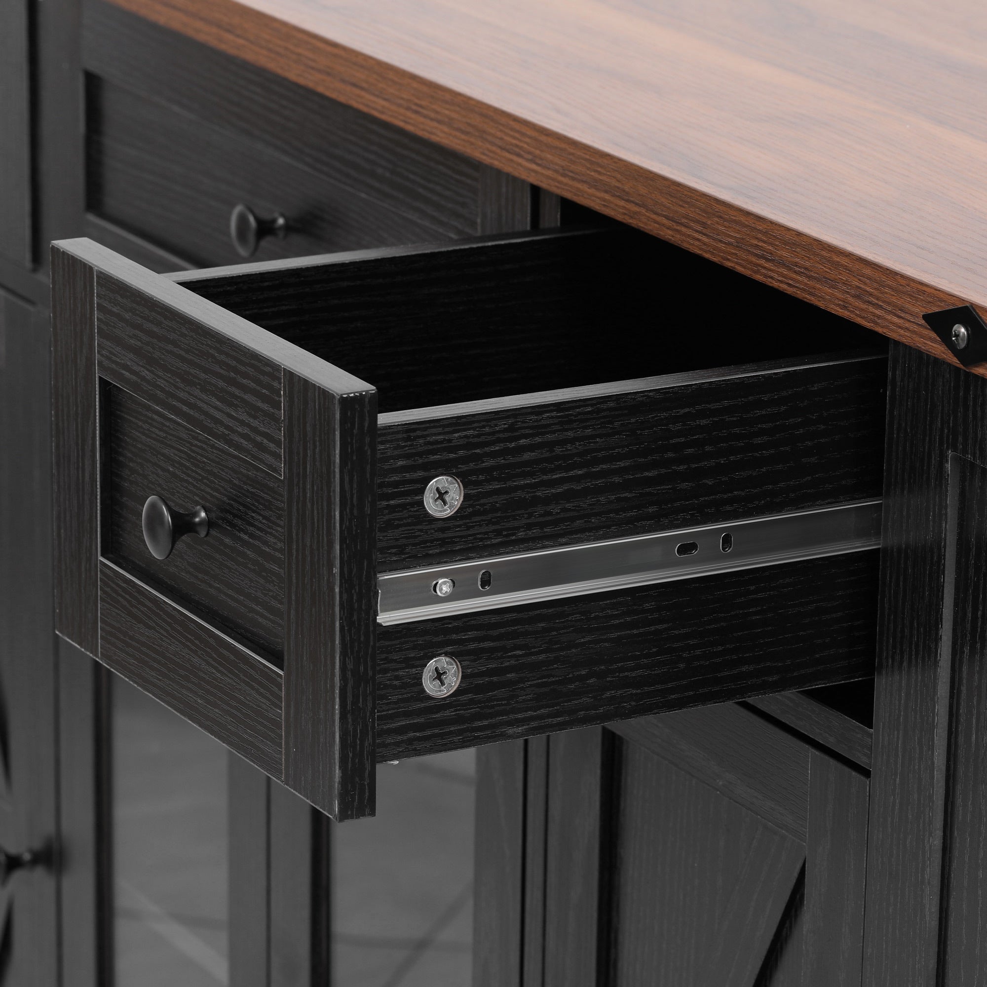 K&K 53'' Farmhouse Kitchen Island with Two Tempered Glass Cabinet Doors, Power Outlet, Rolling Kitchen Cart on Wheels with Drop Leaf, 5 Open Side Racks, 3 Drawers, for Kitchen, Dining Room, Black - Grand Goldman Shop