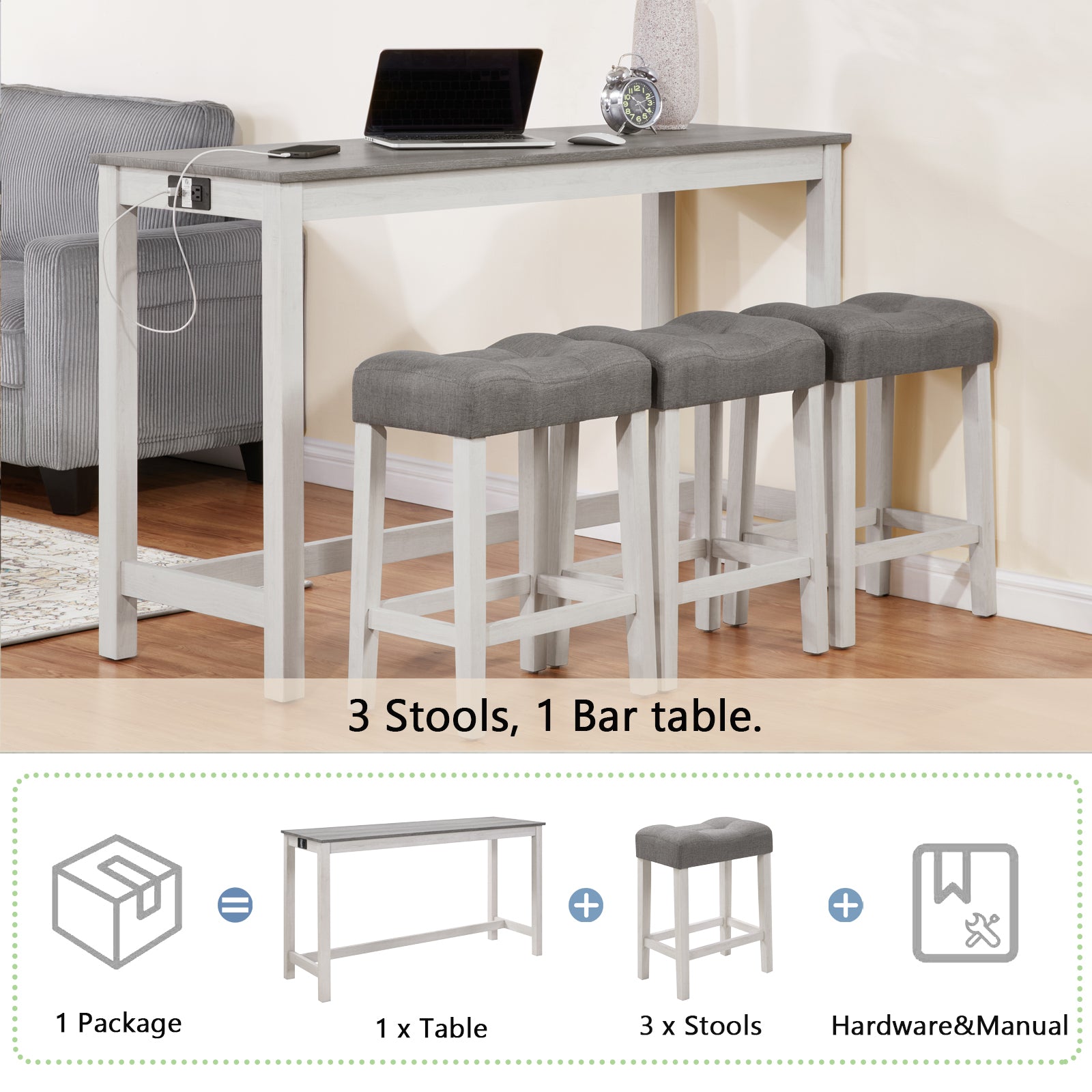 4 Piece Bar Table Set with Power Outlet, Bar Table Set with Chairs, Sofa Bar Table with Stools, Behind Couch Table with 3 Padded Stools, for Living Room, Dining room, White & Grey - Grand Goldman Shop