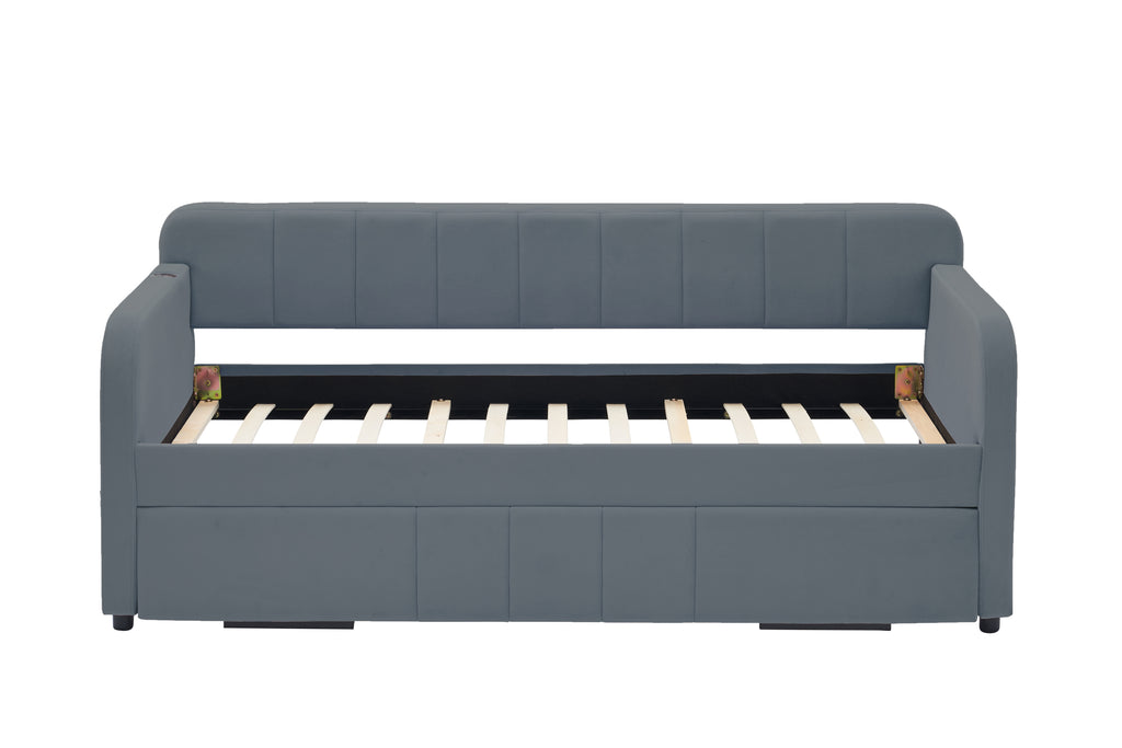 Twin Upholstered Daybed Frame with Trundle, Twin Size Sofa Bed for Bedroom Living Room Guest Room, Wood Slat Support,Grey - Grand Goldman Shop