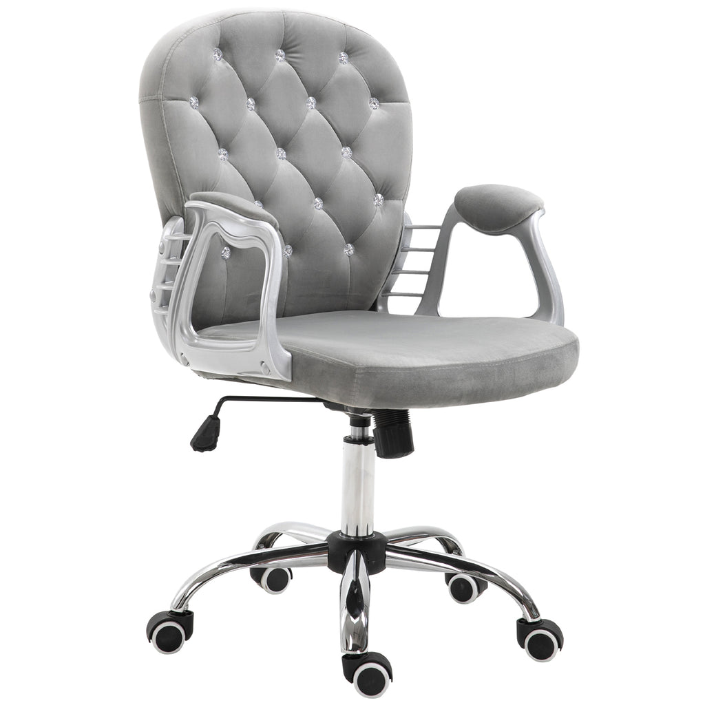 Velvet Home Office Chair, Button Tufted Desk Chair with Padded Armrests, Adjustable Height and Swivel Wheels, Gray | Premium 