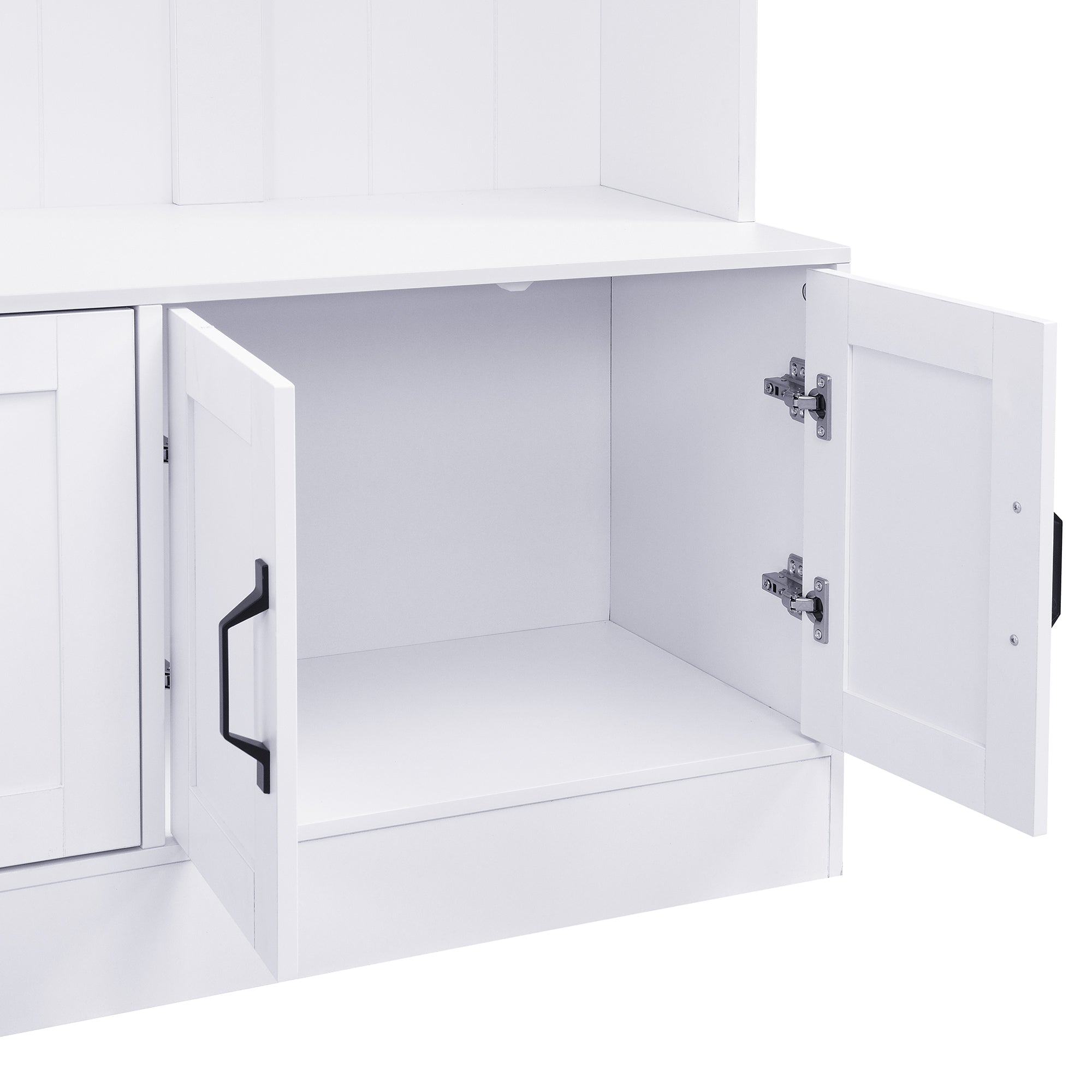 VIBE HAUS 79'' Tall Modern Hall Tree with Shoe Storage, 4-in-1 Entryway Bench with 6 Cabinets, 4 Coat Hooks & Adjustable Shelf for Hallway, living room, White - Grand Goldman Shop