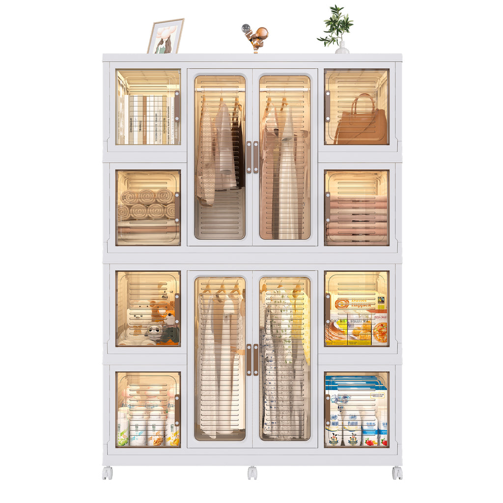 Portable Wardrobe Closet Storage Organizer for Clothes with Magnetic Doors, 12 Cubes & 2 Hanging Rods, White - Grand Goldman Shop
