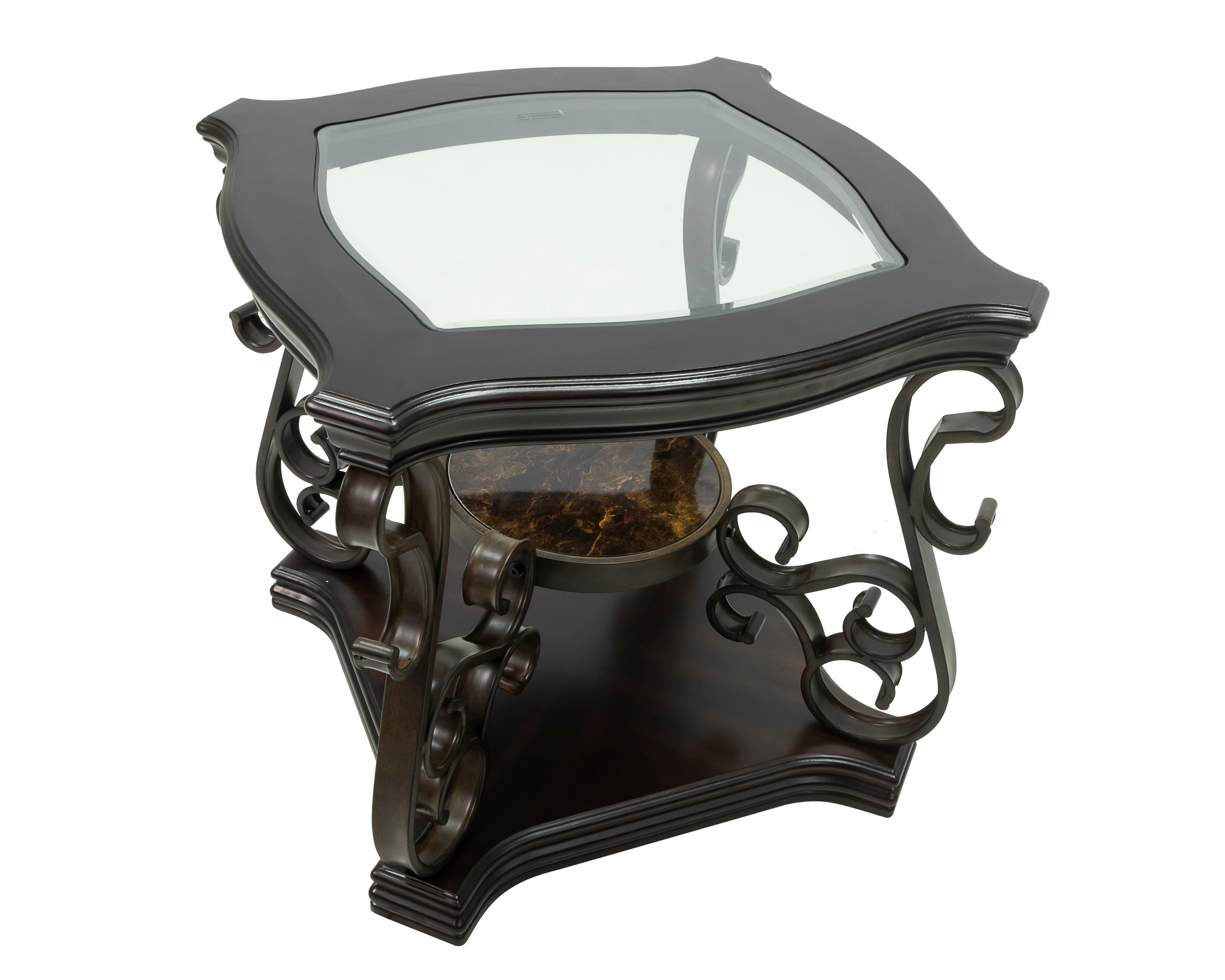 End table,  Glass table top, MDF W/marble paper middle shelf, powder coat finish metal legs. (26.3'Lx26.3'Wx24'H) - Grand Goldman Shop