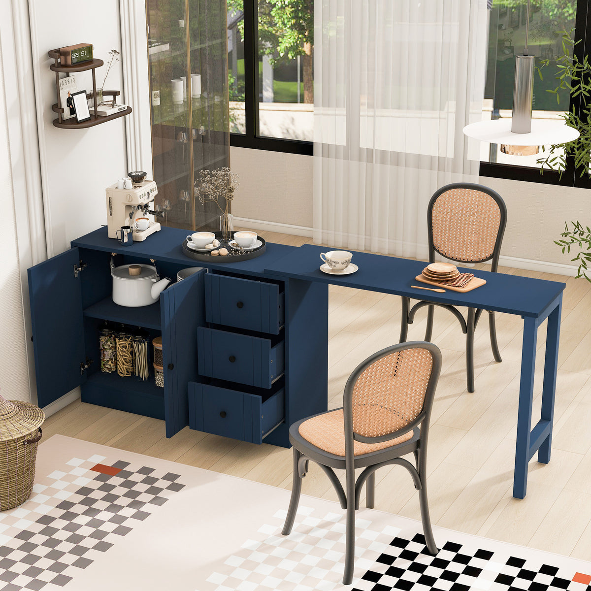 U_STYLE 89.7''Wooden Sideboard with Extendable Table,Multifunctional Storage Cabinet with 2 Doors and 3 Drawers,for Living Room,Study,Foyer and Kitchen - Grand Goldman Shop