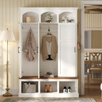 Classic Arched Design Hall Tree with 3 Hidden Storage, Farmhouse Mudroom with Walnut Bench, Mid-Century All-in-One Entryway Organizer with 5 Hooks for Hallway, White - Grand Goldman Shop