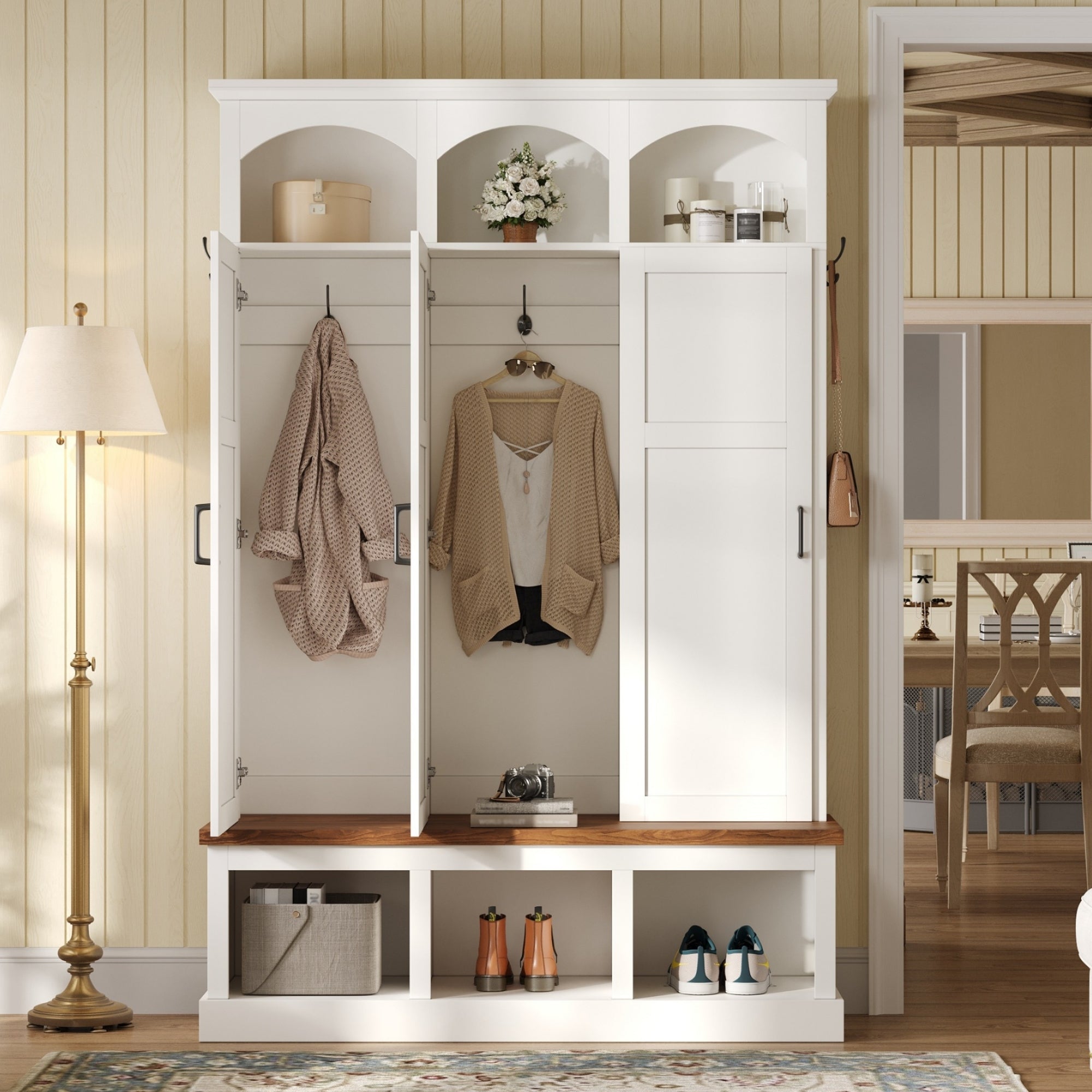 Classic Arched Design Hall Tree with 3 Hidden Storage, Farmhouse Mudroom with Walnut Bench, Mid-Century All-in-One Entryway Organizer with 5 Hooks for Hallway, White - Grand Goldman Shop