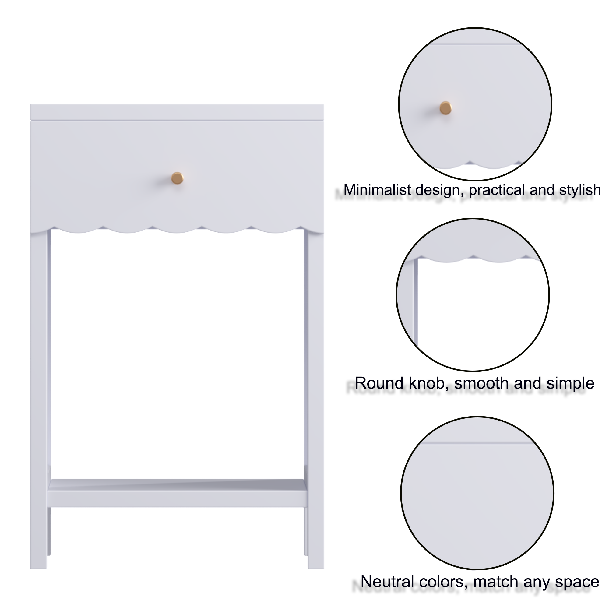 Modern Nightstand with Drawer and Open Shelf, Scalloped Edge Bedside Table in Light Purple, Minimalist Side Table for Kids Room or Girls' Room, Engineered Wood, 16.93 x 14.96 x 26.77 inches - Grand Goldman Shop