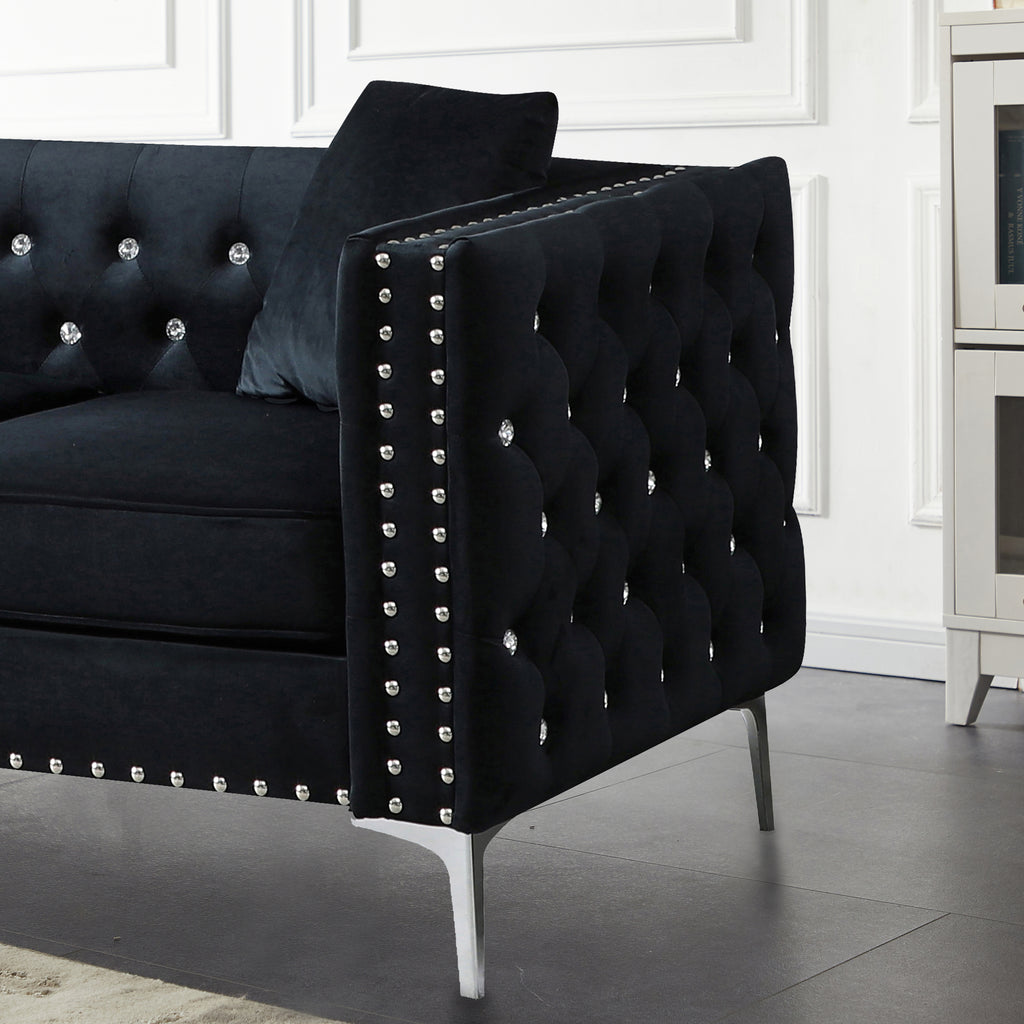 59.4 Inch Wide Black Velvet Sofa with Jeweled buttons,Square Arm ,2 Pillows - Grand Goldman Shop