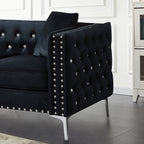 59.4 Inch Wide Black Velvet Sofa with Jeweled buttons,Square Arm ,2 Pillows - Grand Goldman Shop
