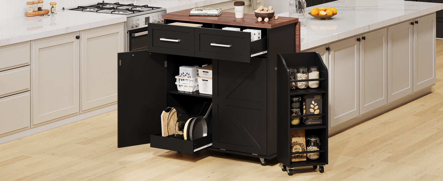 K&K 47.2' Farmhouse Kitchen Island with Drop Leaf, Kitchen Storage Island with Removable Side Racks, Two Drawers, Rolling Kitchen Cart on Wheels with Towel Rack, for Home, Kitchen, Dining Room, Black - Grand Goldman Shop