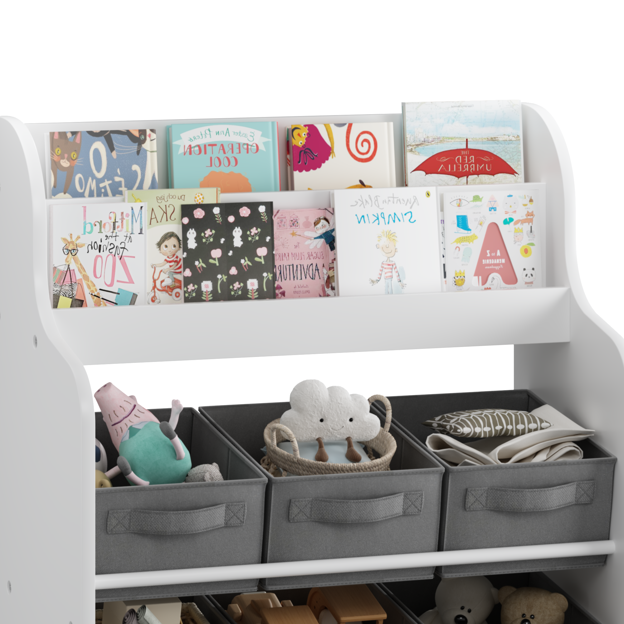 Kids Bookshelf with 6 Fabric Storage Bins, Multi-Functional Children's Bookcase and Toy Organizer, Front-Facing Display Shelf