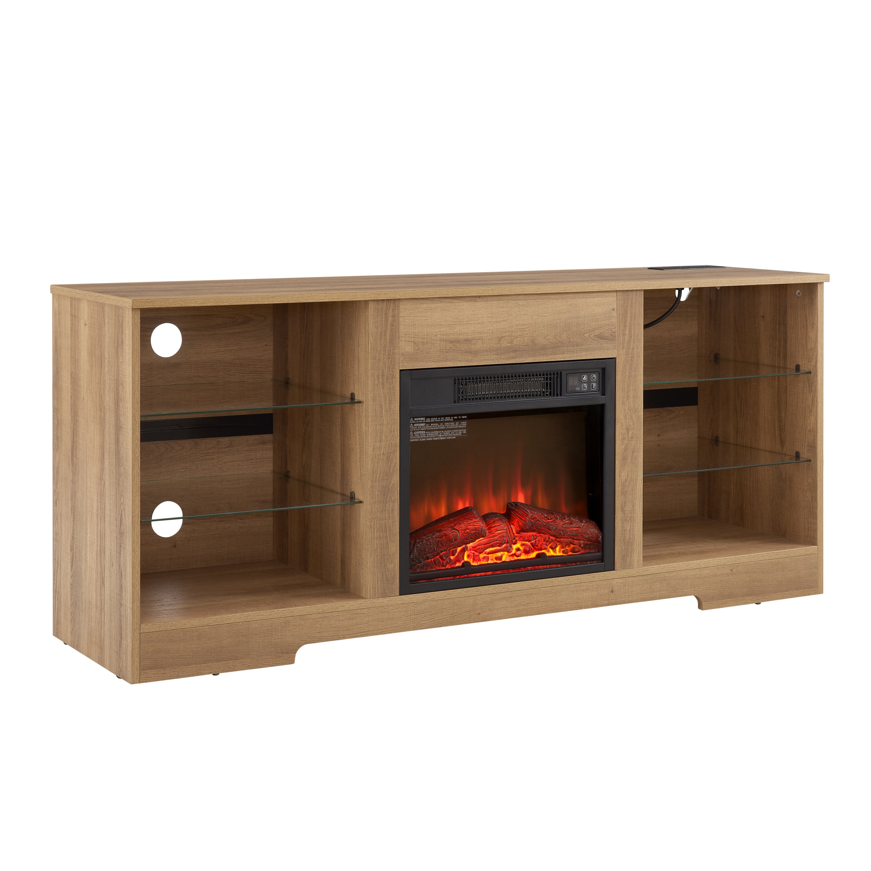 TV Stand Electric Fireplace  Glass Shelves, 3D Fireplace TV Stand with LED Lights Wood with USB Charging Outlet Modern Television Table Center for TV up to 62' OAK 58''W*15.4''D*24.6 - Grand Goldman Shop