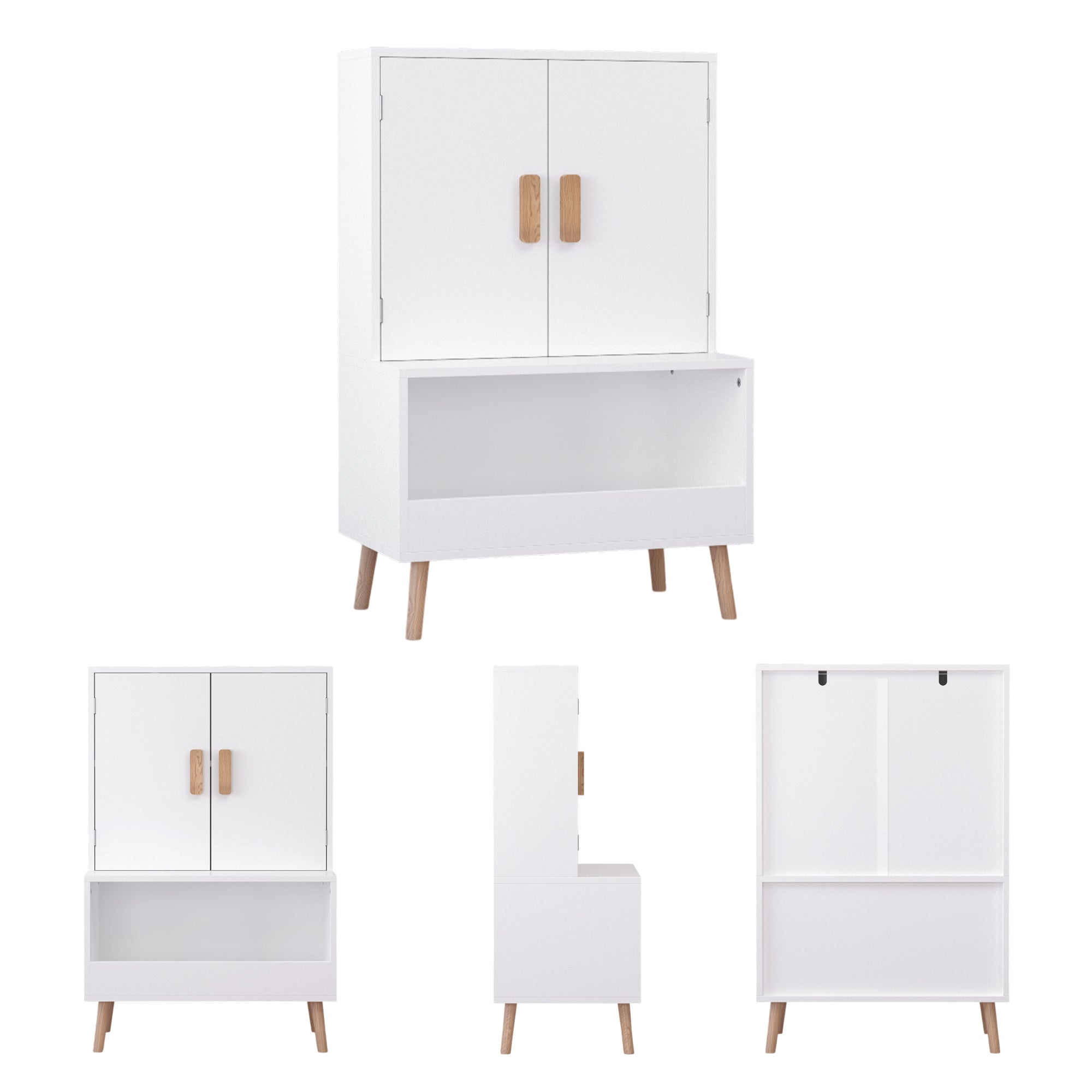 Kids Toy Storage Cabinet with Doors and Open Shelf, White Modern Wooden Organizer with Natural Wood Legs, Toddler Bookshelf f