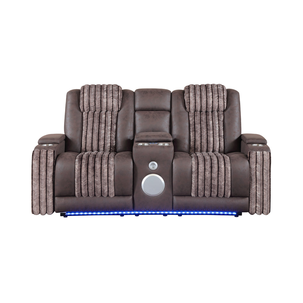 Duran Brown Power Reclining Sofa and Loveseat with Power Headrest, LED Lighting, USB Charging, and Bluetooth Speaker - Brown Wood Finish - Grand Goldman Shop