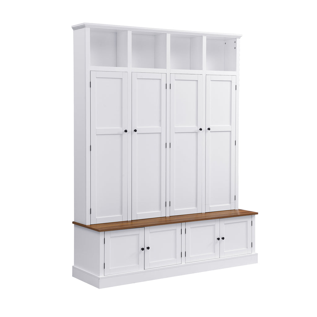 76.7''H Farmhouse Hall Tree with Bench and Cabinet, 4-in-1 Entryway Bench with Coat Rack, Modern Entryway Storage Organizer with Open Cubbies & Hooks for Hallway, Entryway, Living Roo - Grand Goldman Shop