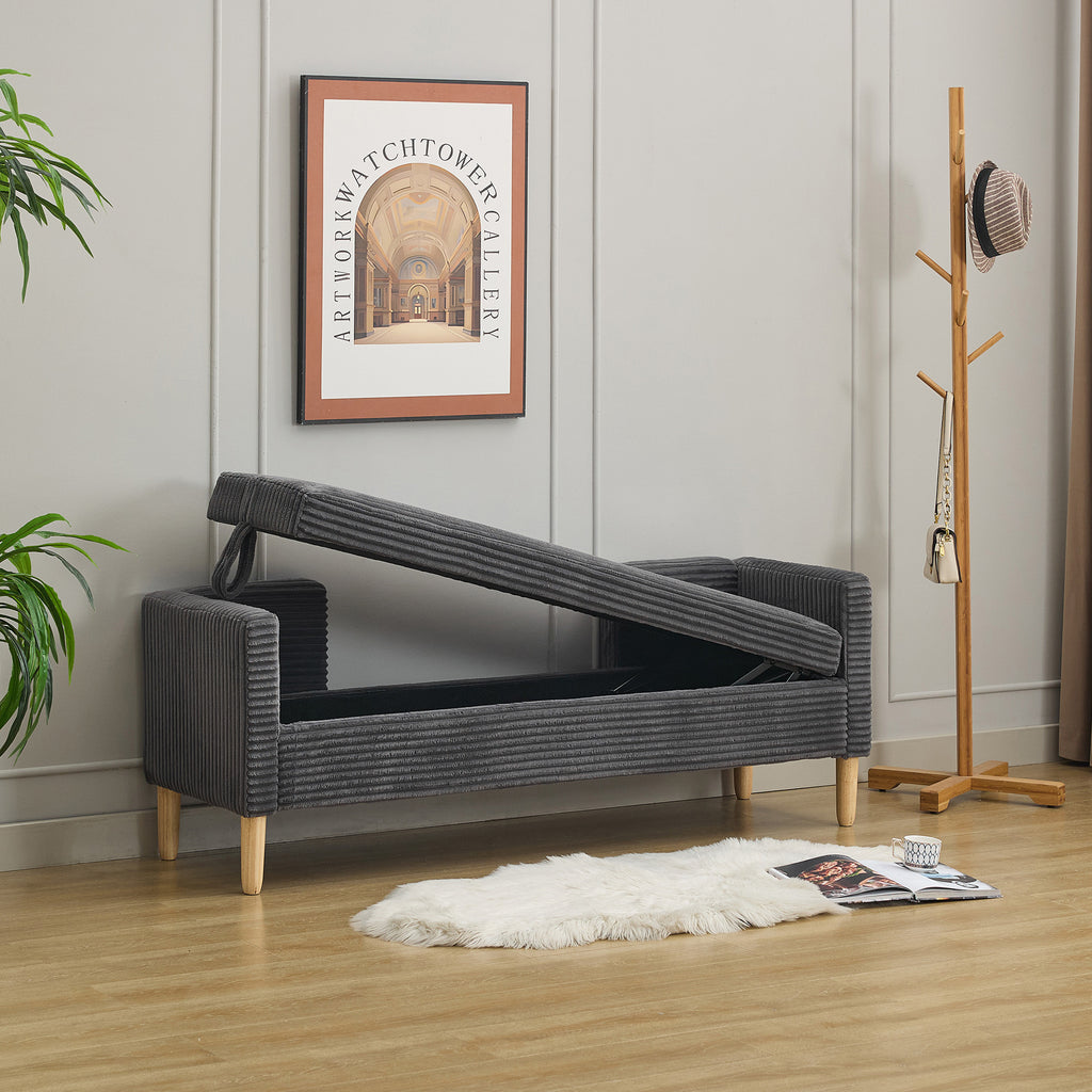 65.35'Wide Upholstered Flip-top Storage Accent Bed Bench, Corduroy Footrest Ottoman with Armrests&Backrest&2 Bolster Pillows Wood Legs for Living Room, End of Bed, Hallway, Entryway Bedroom. Charcoal - Grand Goldman Shop