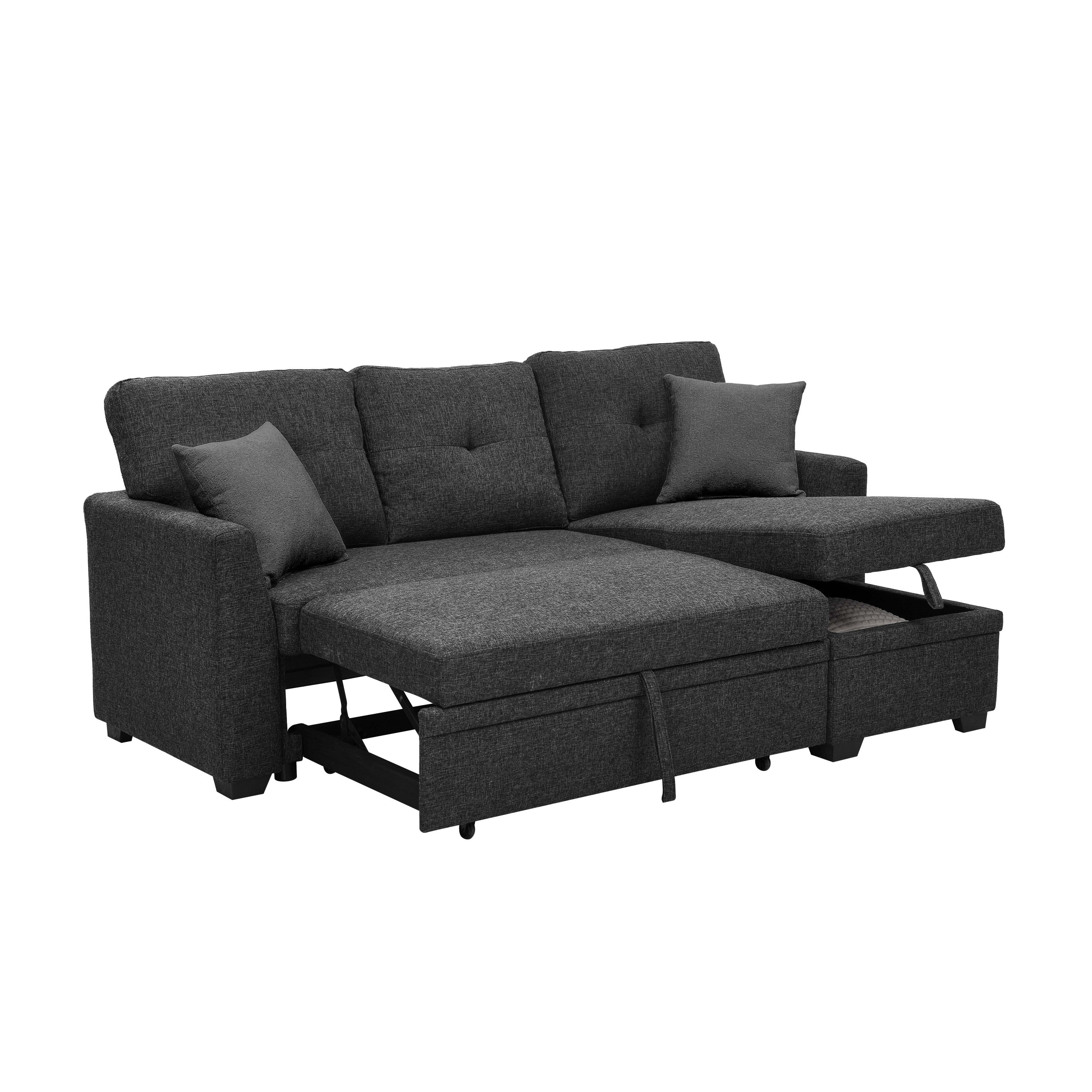 76.5' Linen Blend Upholstered Sectional with Pull-Out Bed and Chaise Storage - Grand Goldman Shop