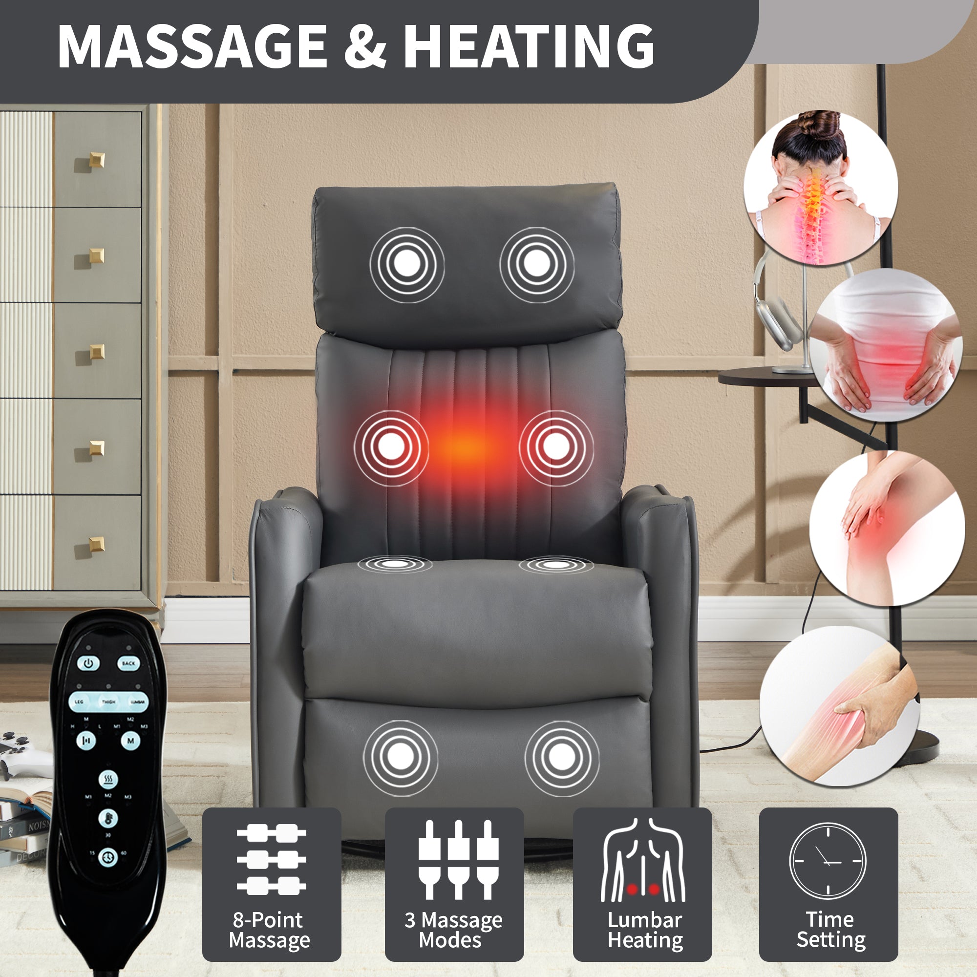 Grey Faux Leather Heat Massage Manual Recliner Chair with Rocker and Swivel for Living Room - Grand Goldman Shop