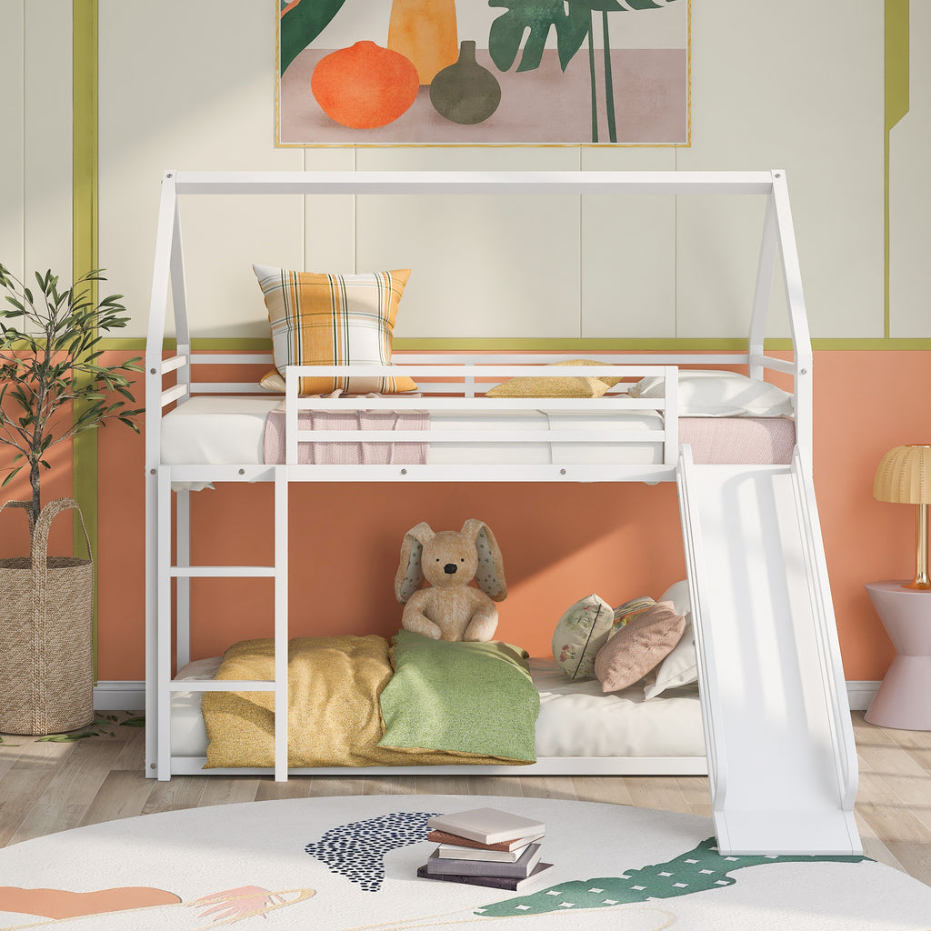 Zulah Twin over Twin House Bunk Bed with Ladder and Slide, White - Grand Goldman Shop