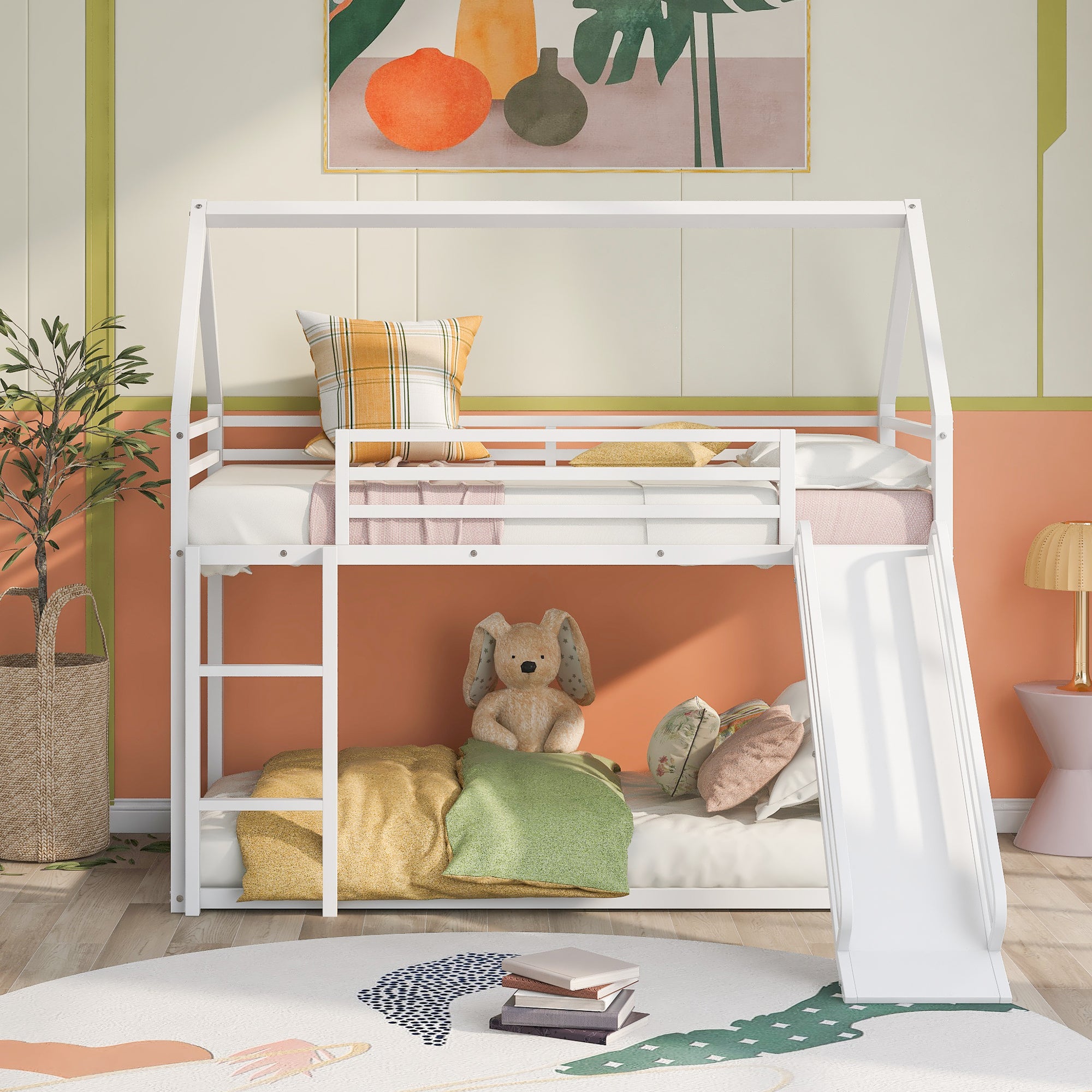 Zulah Twin over Twin House Bunk Bed with Ladder and Slide, White - Grand Goldman Shop