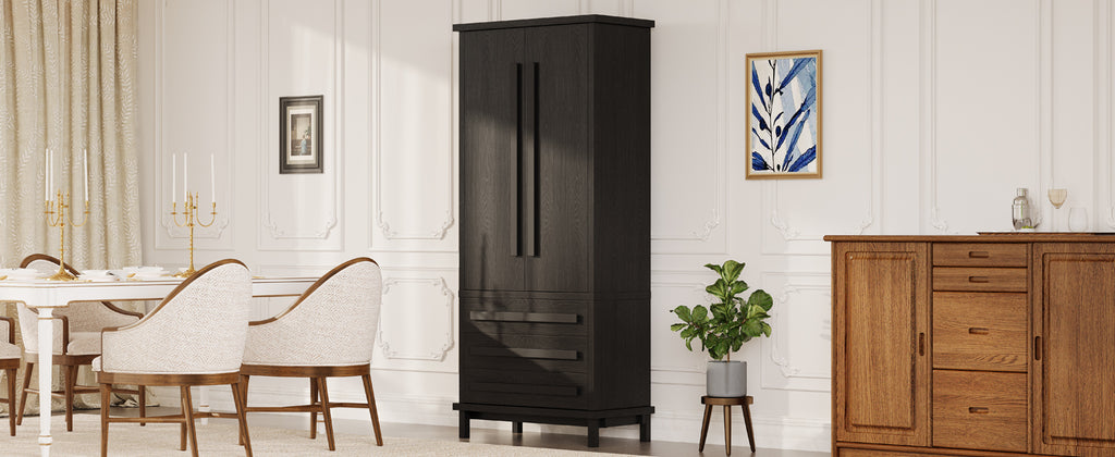 70' Kitchen Pantry Cabinet with 2 Cabinet Shelves,Luxurious Wooden Cupboard with 6 Door Shelves and 3 Drawers for Kitchen, Dining Room,Black - Grand Goldman Shop