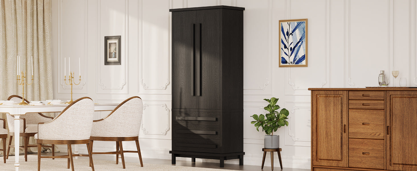 70' Kitchen Pantry Cabinet with 2 Cabinet Shelves,Luxurious Wooden Cupboard with 6 Door Shelves and 3 Drawers for Kitchen, Dining Room,Black - Grand Goldman Shop