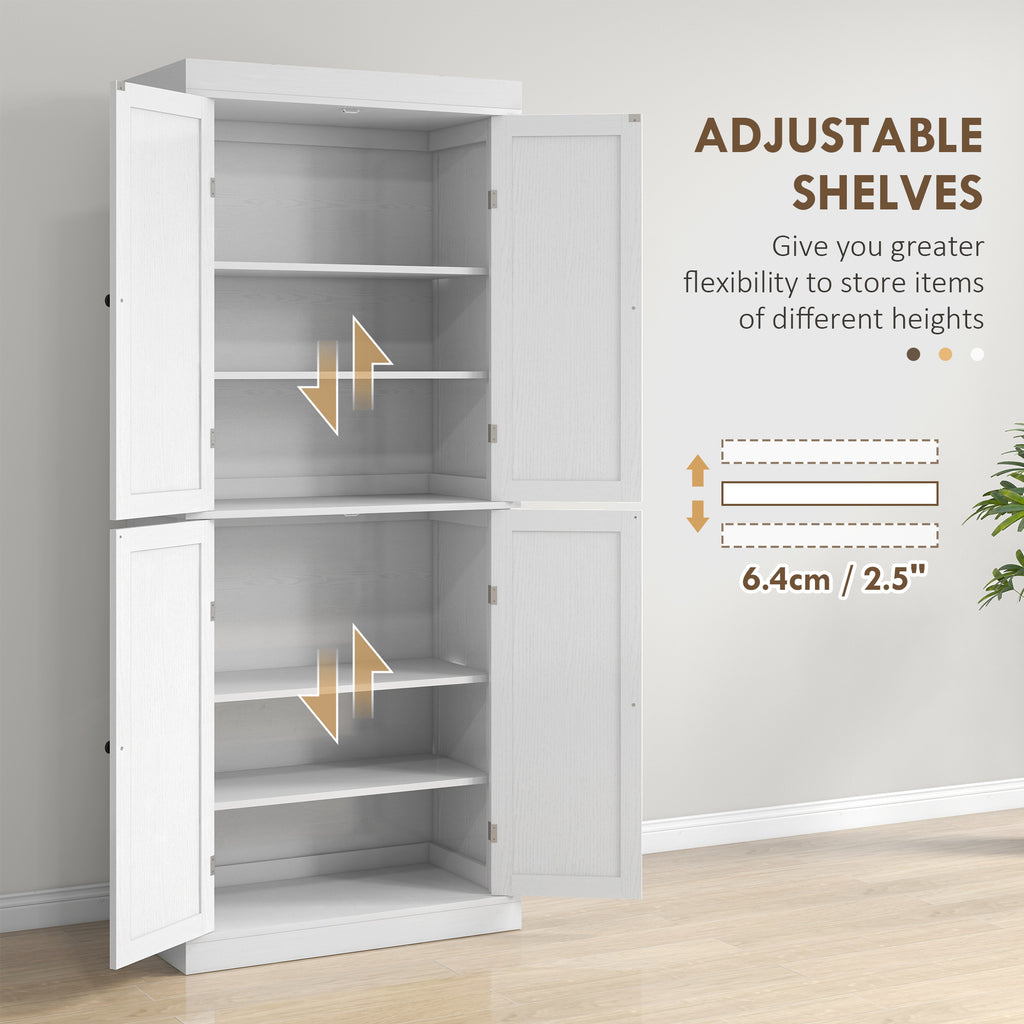 HOMCOM 72.5' Freestanding Kitchen Pantry Cabinet, Tall Storage Cabinet with 4 Doors and 2 Adjustable Shelves for Dining Room, White Wood Grain - Grand Goldman Shop