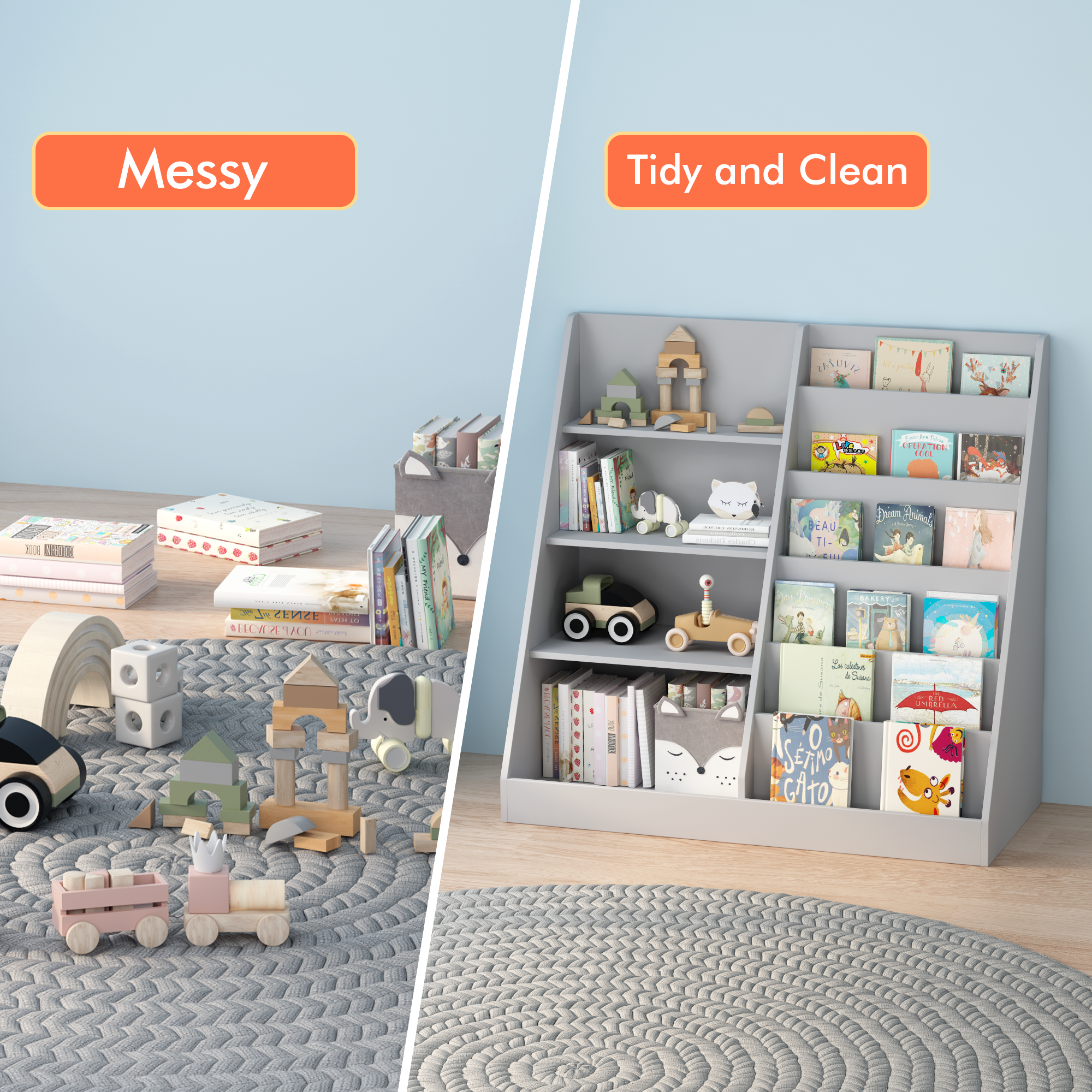 Kids Bookshelf and Toy Storage Organizer, 4-Tier Wooden Bookcase with Display Stand in Gray MDF for Nursery, Playroom, or Chi