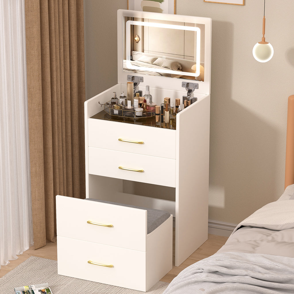 Compact 3 in 1 Vanity Desk with Open Top Mirror, Glass Desktop, White MDF, 50.39' Height - Grand Goldman Shop