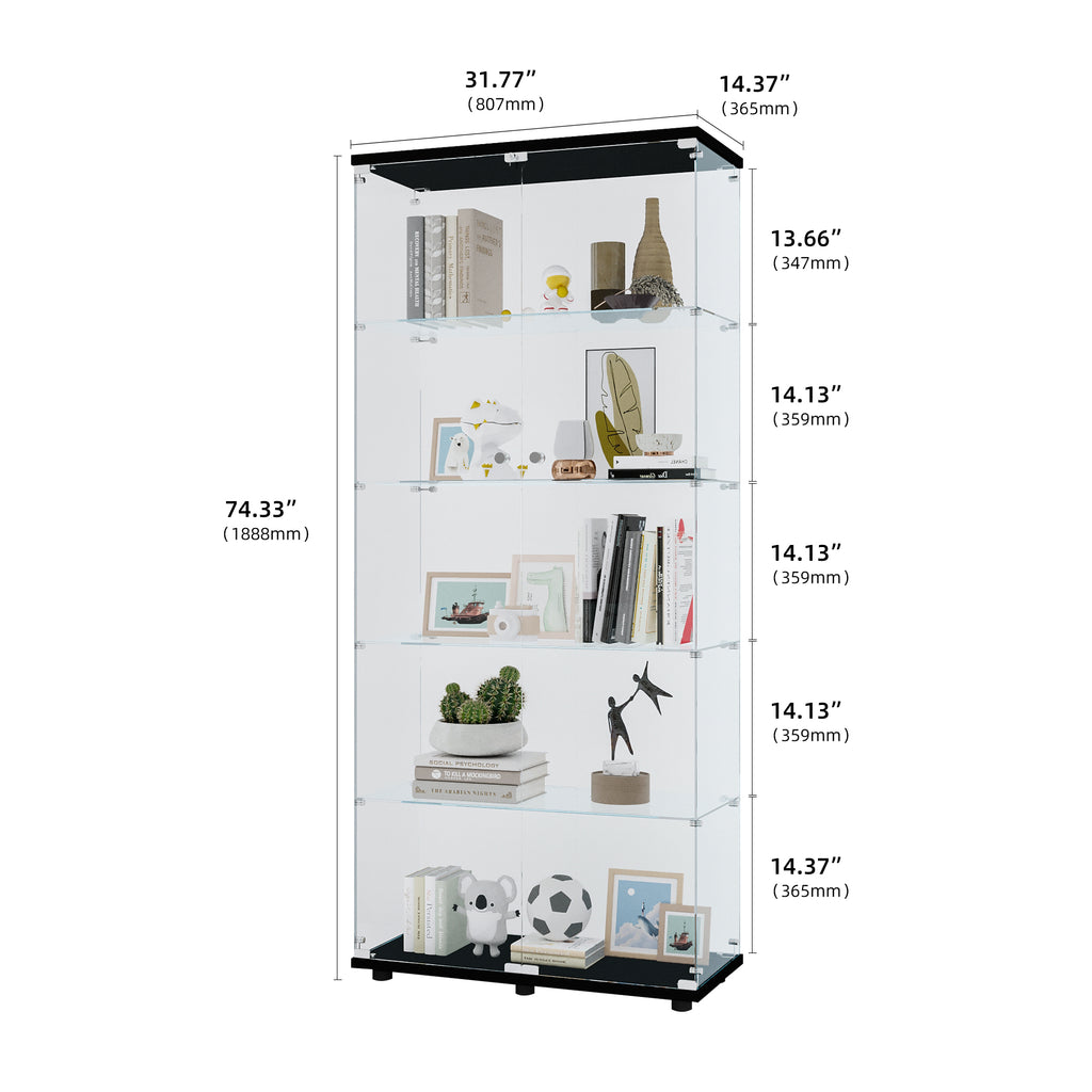 Glass Display Cabinet with 5 Shelves Double Door, Curio Cabinets for Living Room, Bedroom, Office, Black Floor Standing Glass