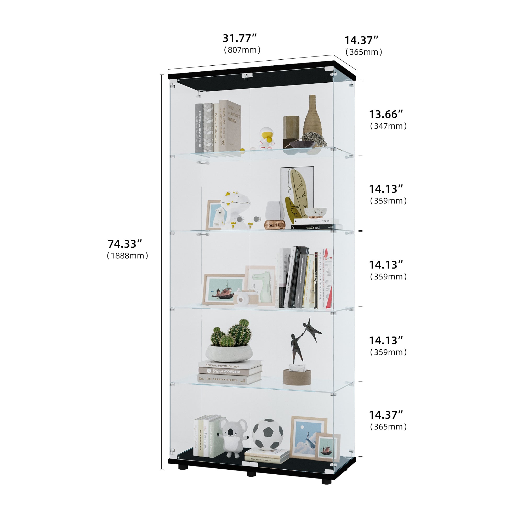 Glass Display Cabinet with 5 Shelves Double Door, Curio Cabinets for Living Room, Bedroom, Office, Black Floor Standing Glass