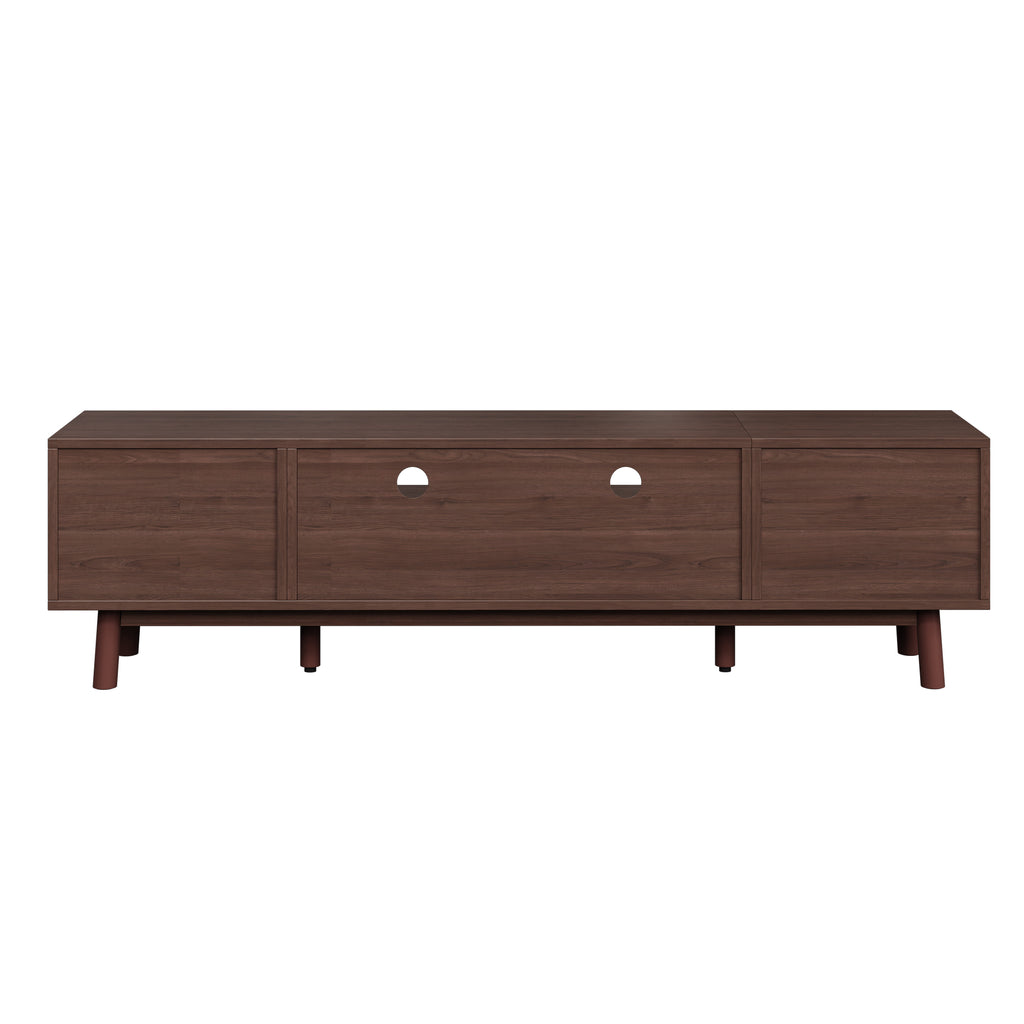 Wood Fashionable TV Stand for 75' TVs with Soft-Closing Doors, Dark Brown Modern Console with Rattan Accents and Drop-Down Cabinet, Solid Wood and MDF Construction - Grand Goldman Shop