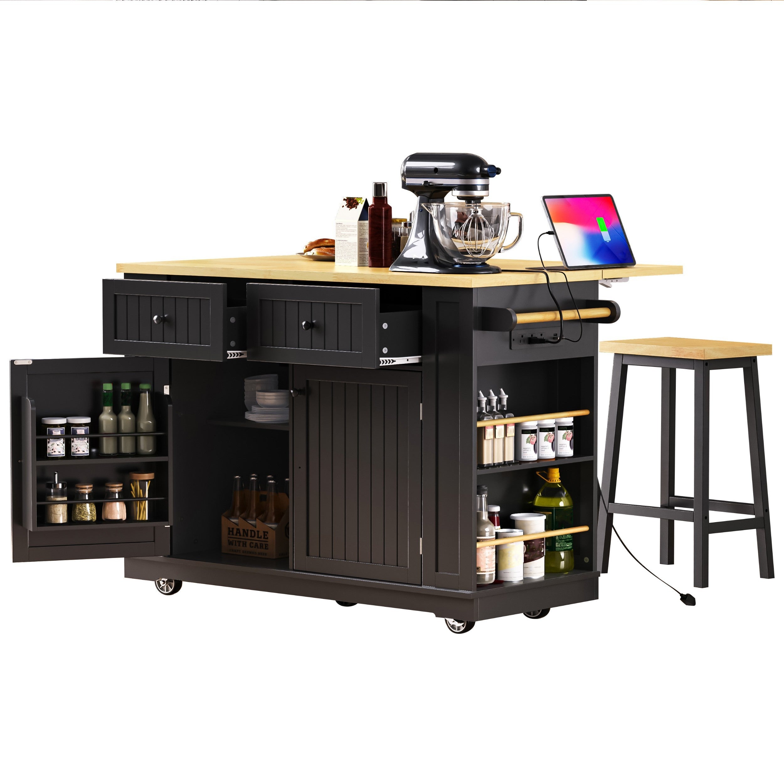 48 inch Kitchen Island with Drop Leaf,Power Outlet,Internal Storage Rack,Rolling Kitchen Storage Cart on 5 Wheels with 5 Open Side Racks,for Kitchen,Black (Old SKU N707P257057B)(Not Include Stools) - Grand Goldman Shop