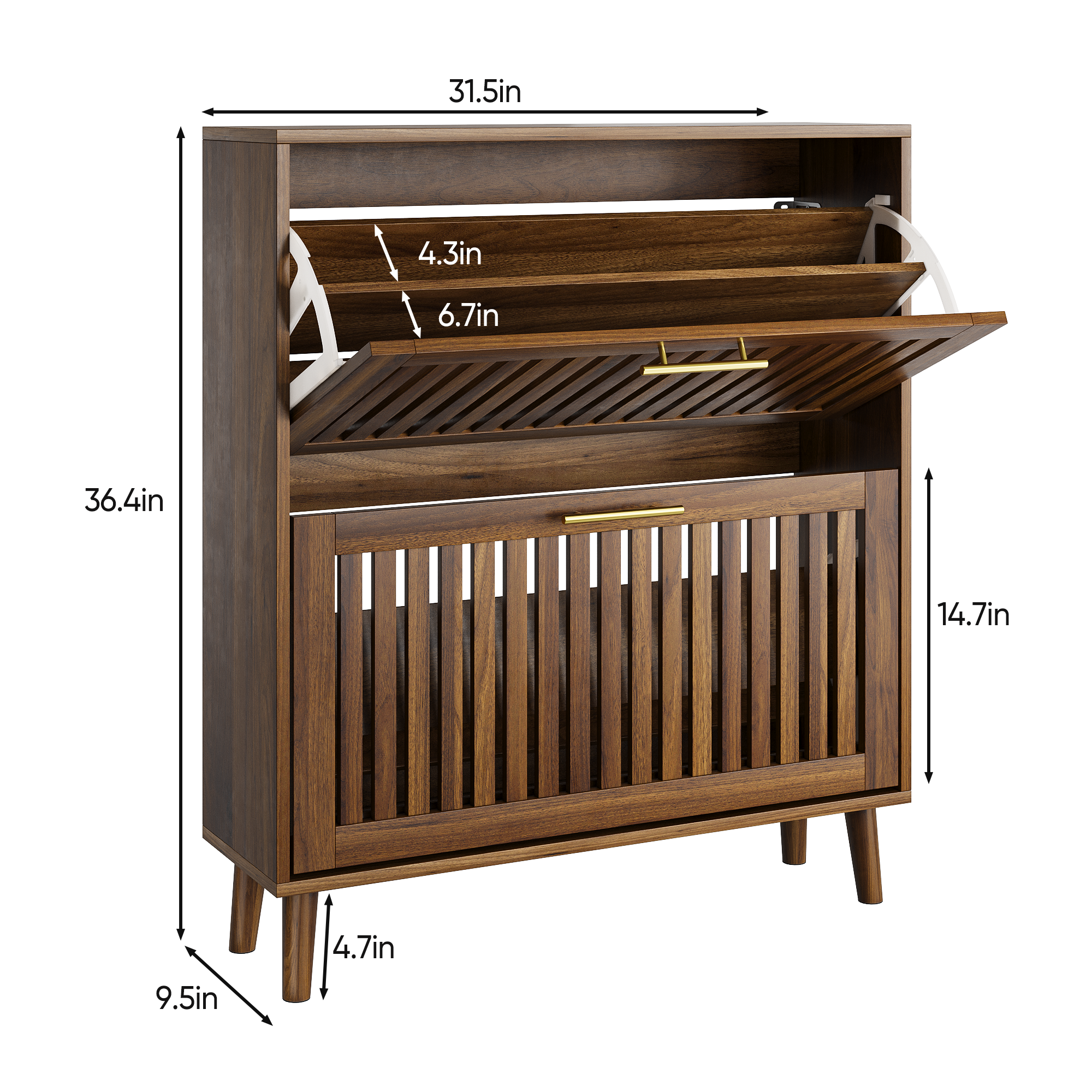 Medieval Modern Walnut Shoe Storage Cabinet With 2 Flip Drawers And Fence Design, 31.5-Inch, Particle Board + MDF - Grand Goldman Shop