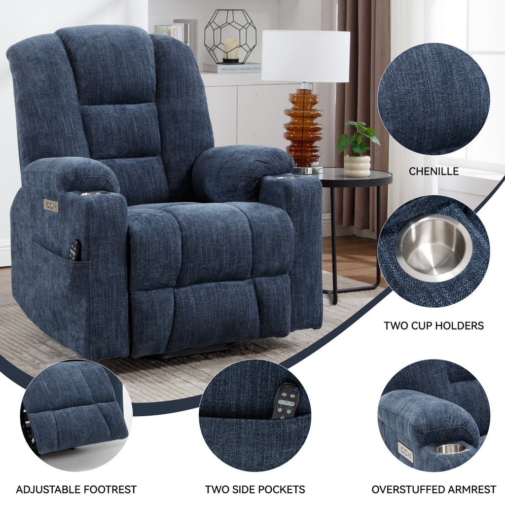 Power Lift Recliner Chair with Massage and Heat for Elderly, Overstuffed Wide Recliners, Heavy Duty Motion Mechanism with USB and Type C Ports, 2 Steel Cup Holders, Blue - Grand Goldman Shop