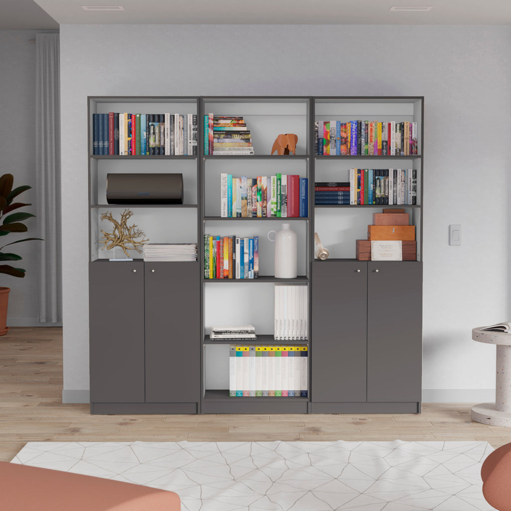 Arbor 3 Piece Home Bookcase set, 74' Wide with 11 Shelves and Two Double-Door Cabinet ,  Living Room Set  Matt Gray / White -