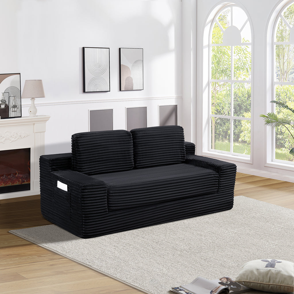 Corduroy Cloud Double Sofa, 2-in-1 Convertible Sofa Bed, Comfortable Boneless Double Sofa, Suitable for Living Room, Apartment, Small Space Black - Grand Goldman Shop